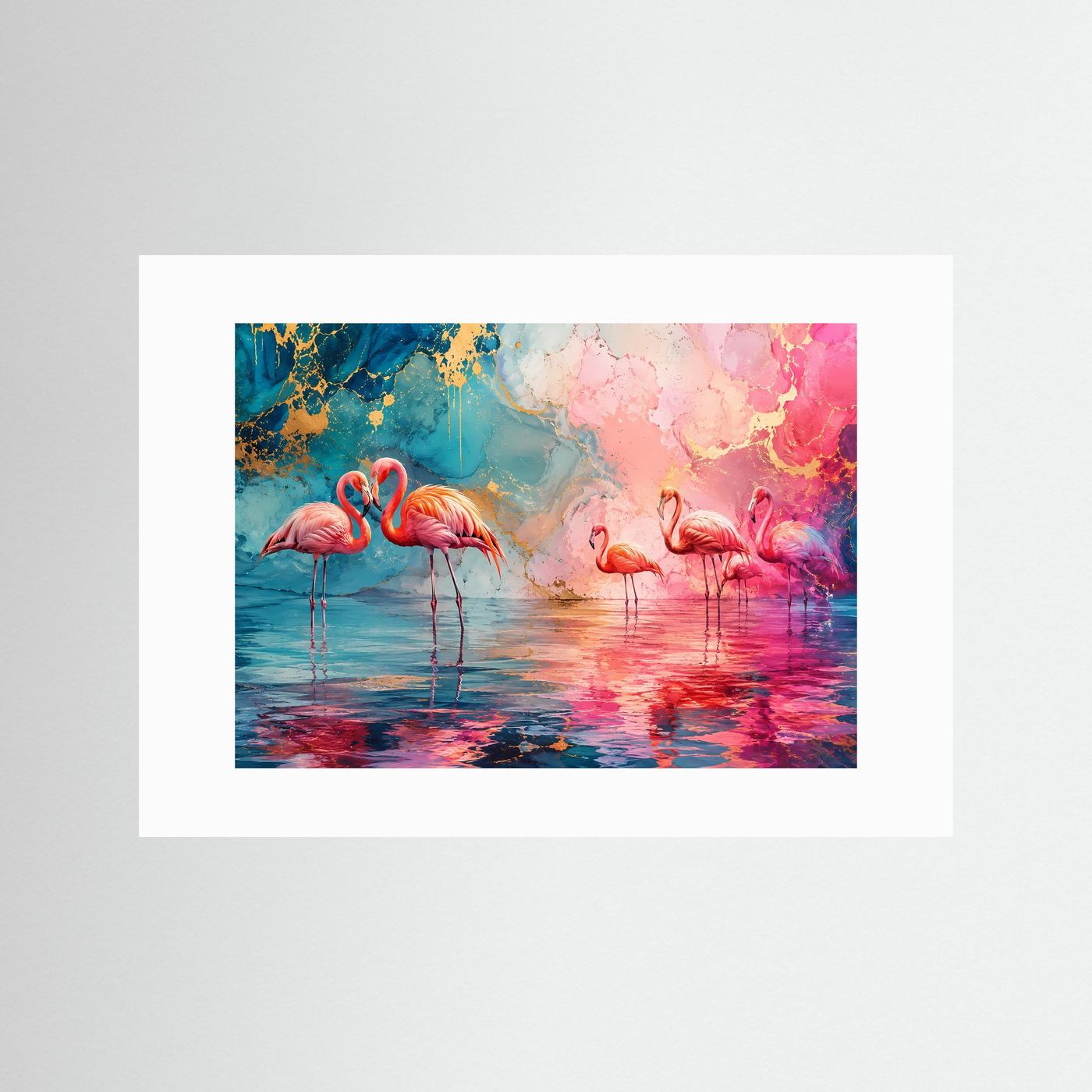 Elegante Flamingos in Pink & Blau | Modernes Wandbild & Kunst-Poster mit Goldakzenten