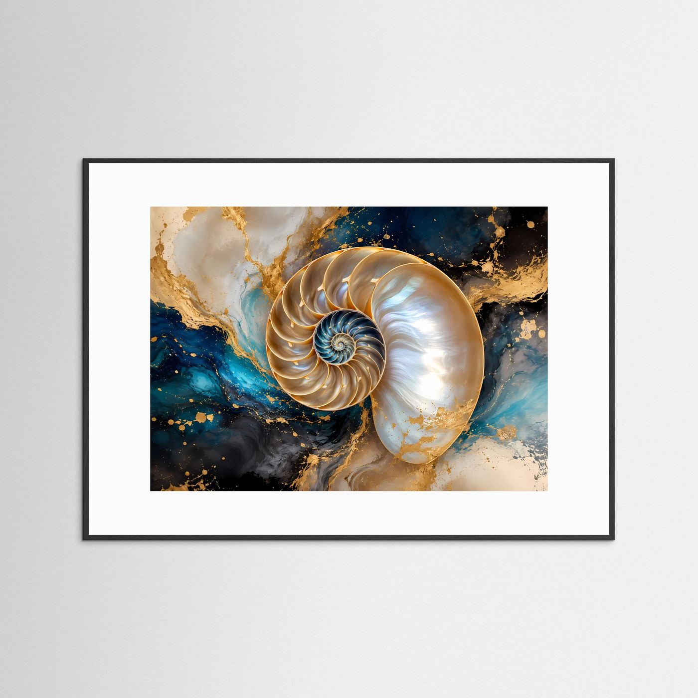 Faszination Nautilus-Muschel in Gold & Petrol | Modernes Wandbild mit Fluid Art & Ozean-Motiv