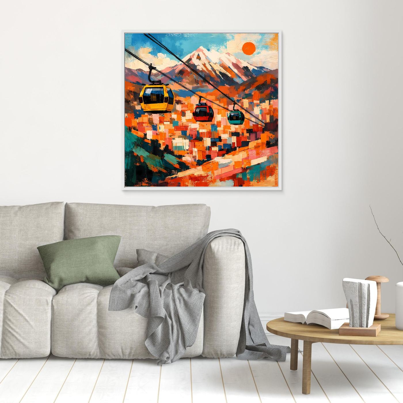 Abstraktes Leinwand-Wandbild mit Seilbahn-Gondeln, klein, ohne sichtbaren Rahmen