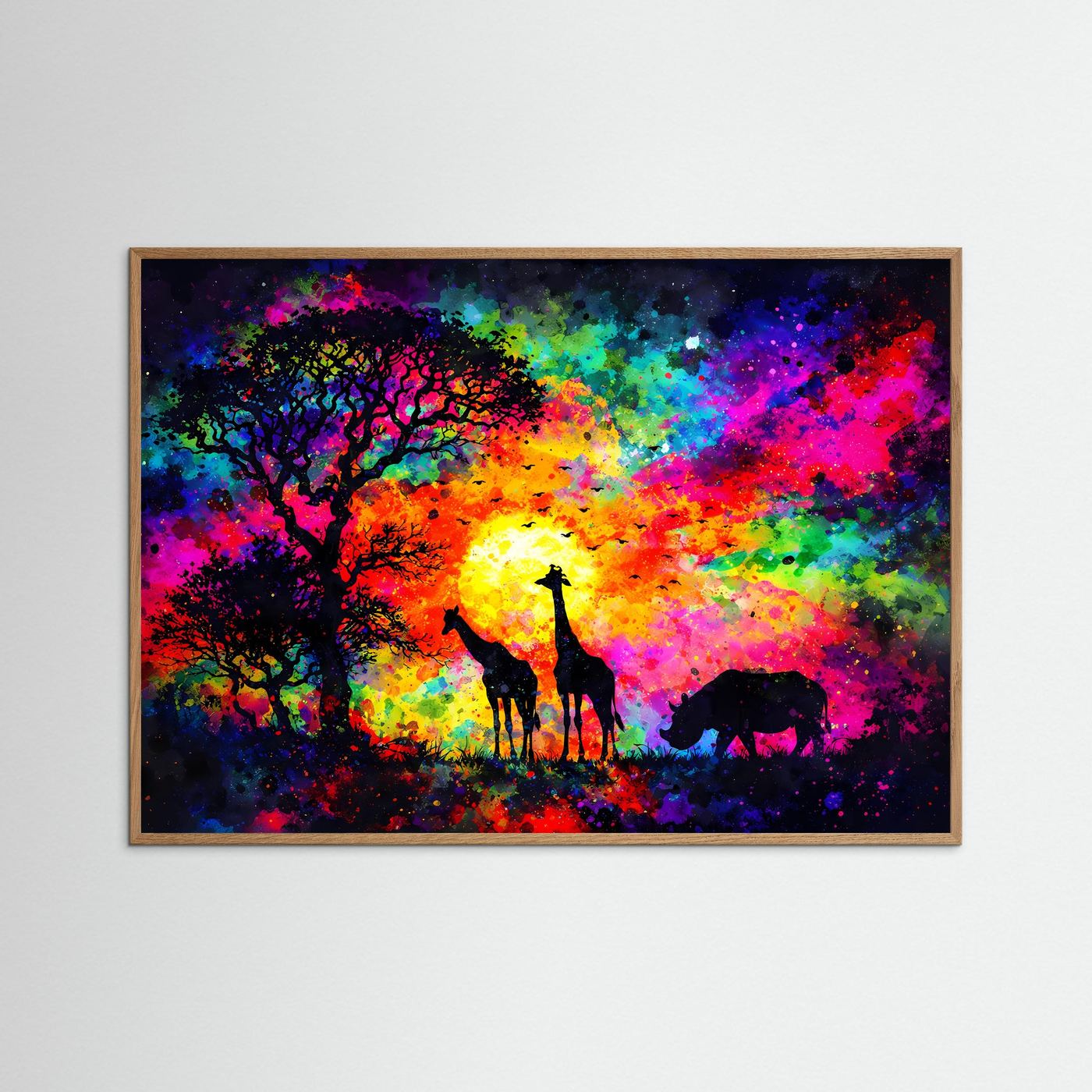 Querformat-Poster im hellbraunen Rahmen mit buntem Savannenmotiv: Giraffe, Nashorn, Sonne
