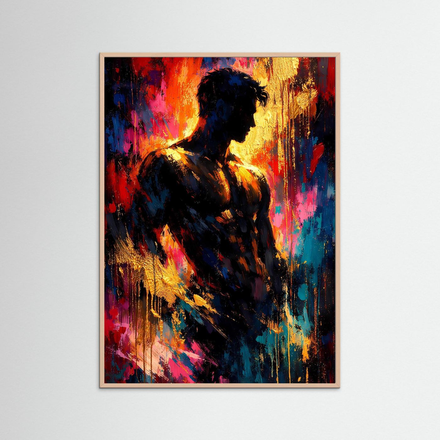 Abstraktes Männer-Silhouette-Poster mit Roséholzrahmen, schwarze Figur vor bunten Spritzern