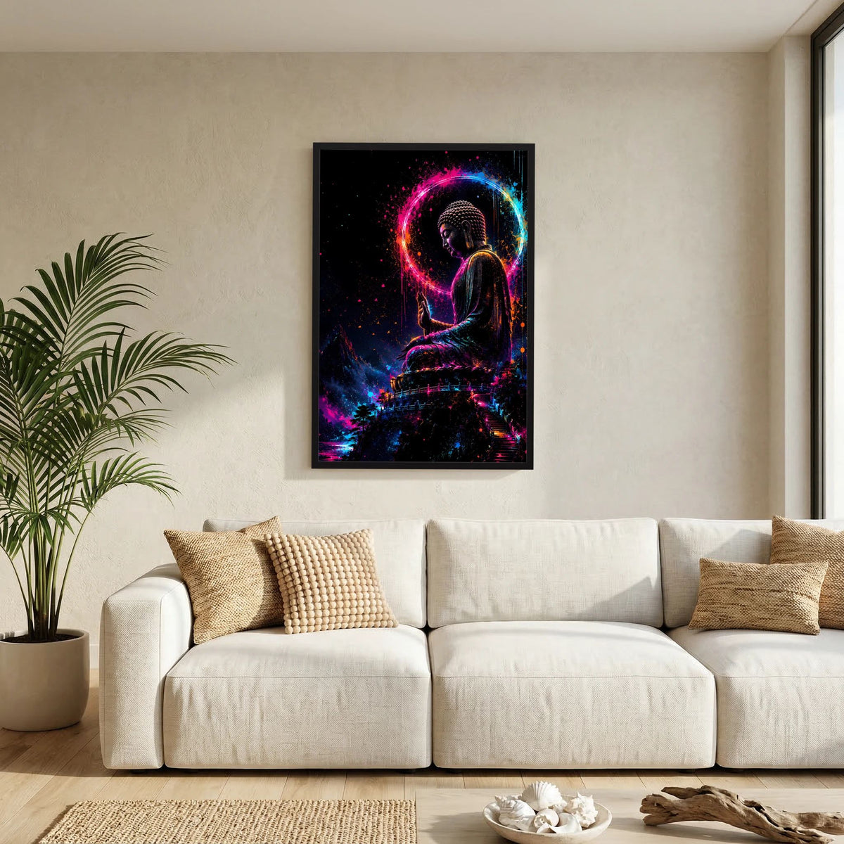 Buddha-Kunstposter im Hochformat: sitzende Figur mit leuchtendem Neonkreis, schwarzer Rahmen