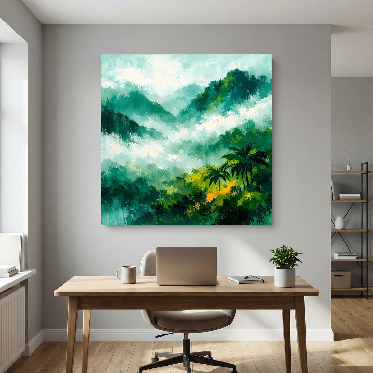 Quadratisches Leinwandbild mit abstrakten Hügeln, Nebel und Palmen in Grün/Gelb