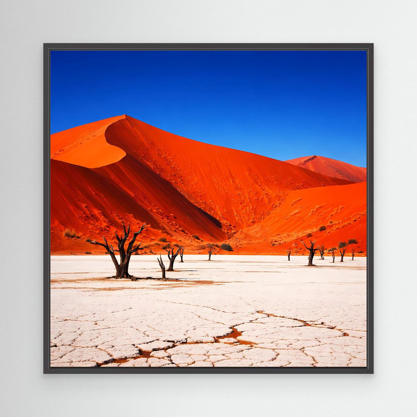 Leinwandbild: rote Dünen, blauer Himmel, karge Bäume auf rissigem Sand, schwarzer Rahmen