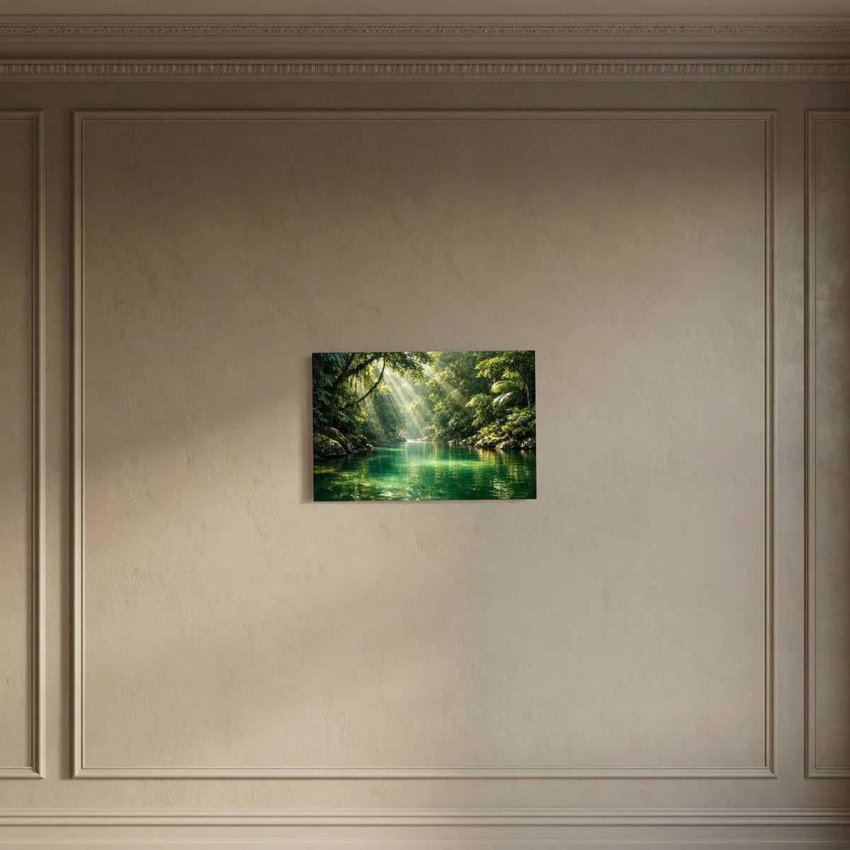 Kleines Querformat-Poster mit Dschungel-Flusslandschaft, Sonnenlicht im Wasser