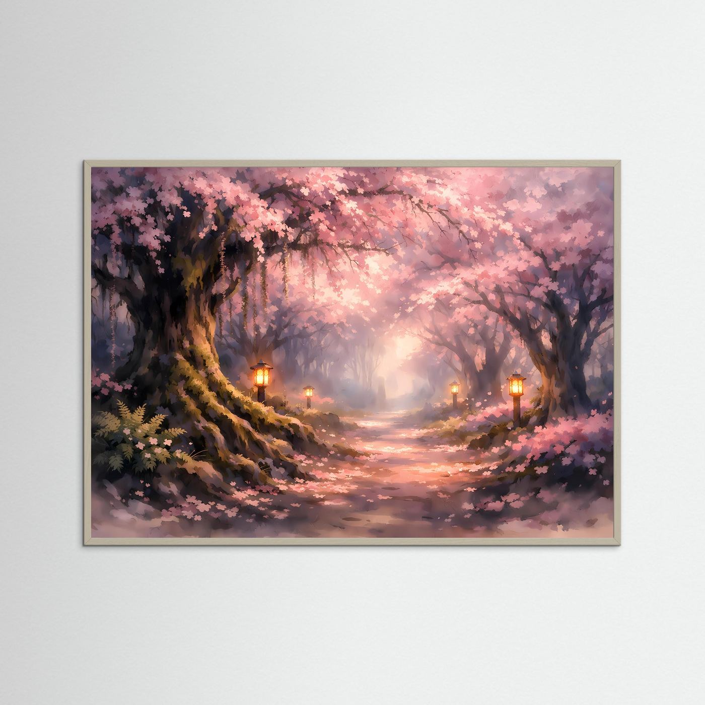 Märchenhafter Kirschblütenweg | Rosa Kirschblüte & Lanternen Poster Querformat