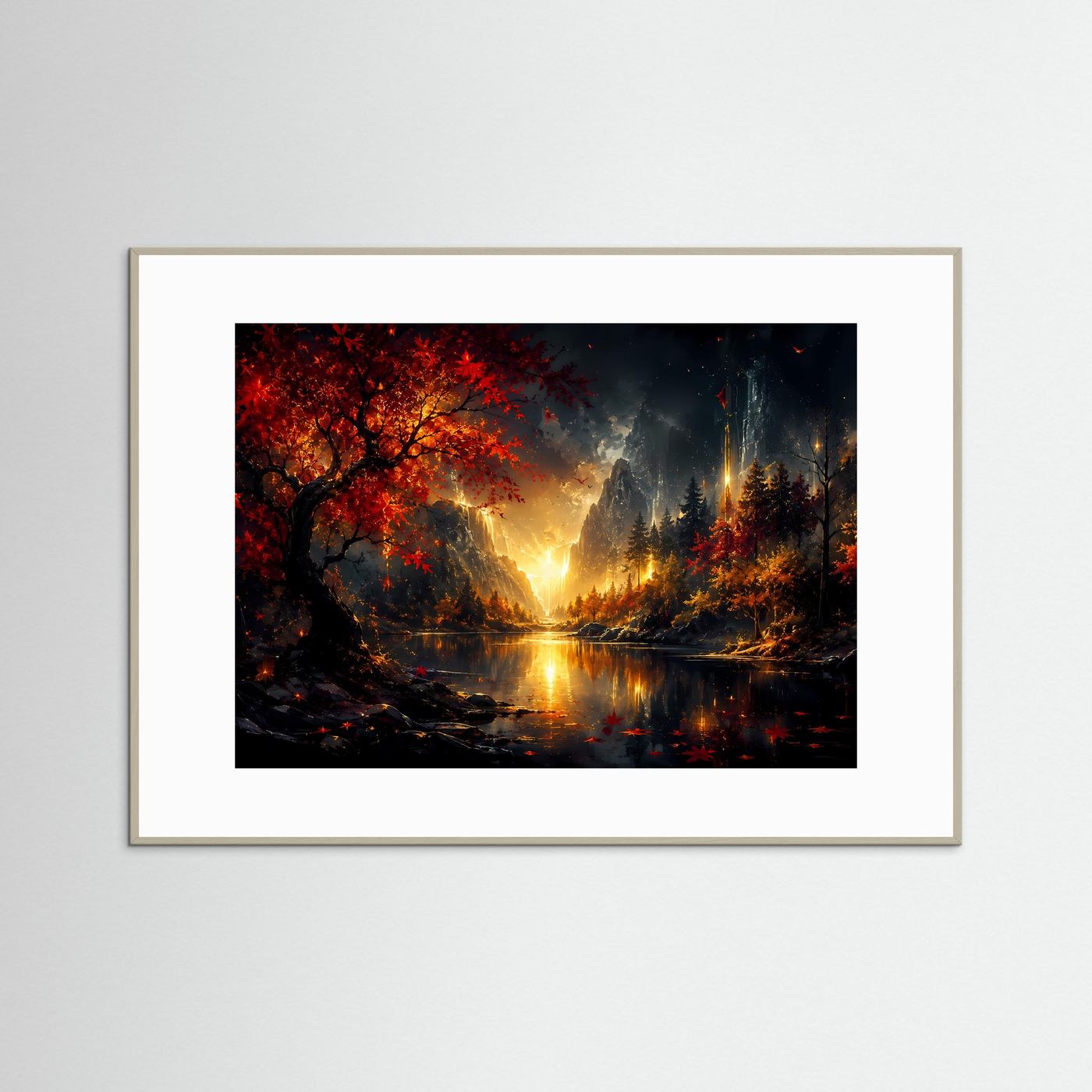 Magischer Herbstwald mit Wasserfall | Goldene Landschaft in Rot & Schwarz