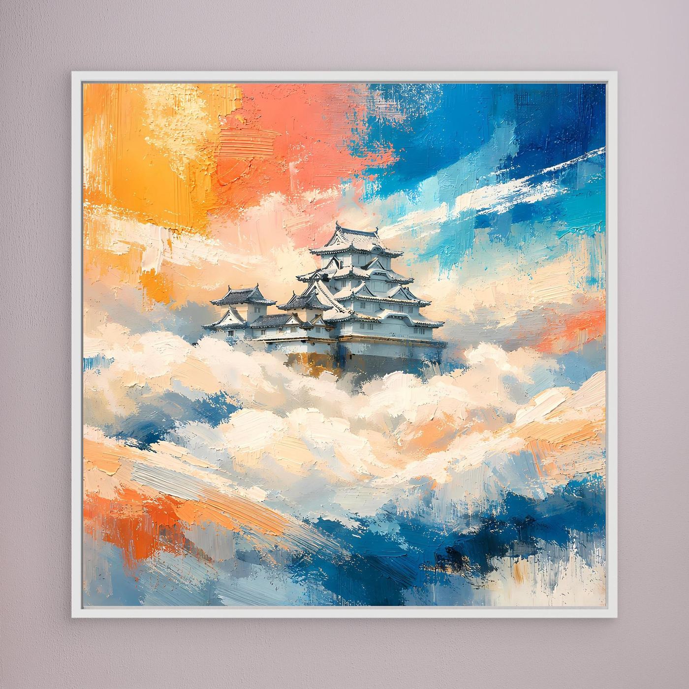 Leinwand Traditionelle Japanische Burg über den Wolken | Fernöstliches Wandbild auf echter Leinwand