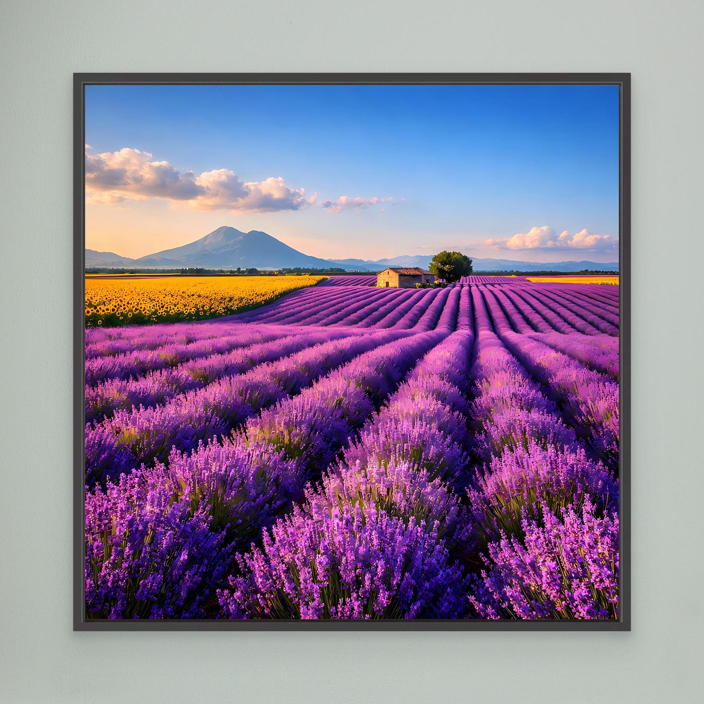 Leinwandbild Lavendelfeld mit lila Reihen, blauem Himmel und Berg, mit dunklem Rahmen