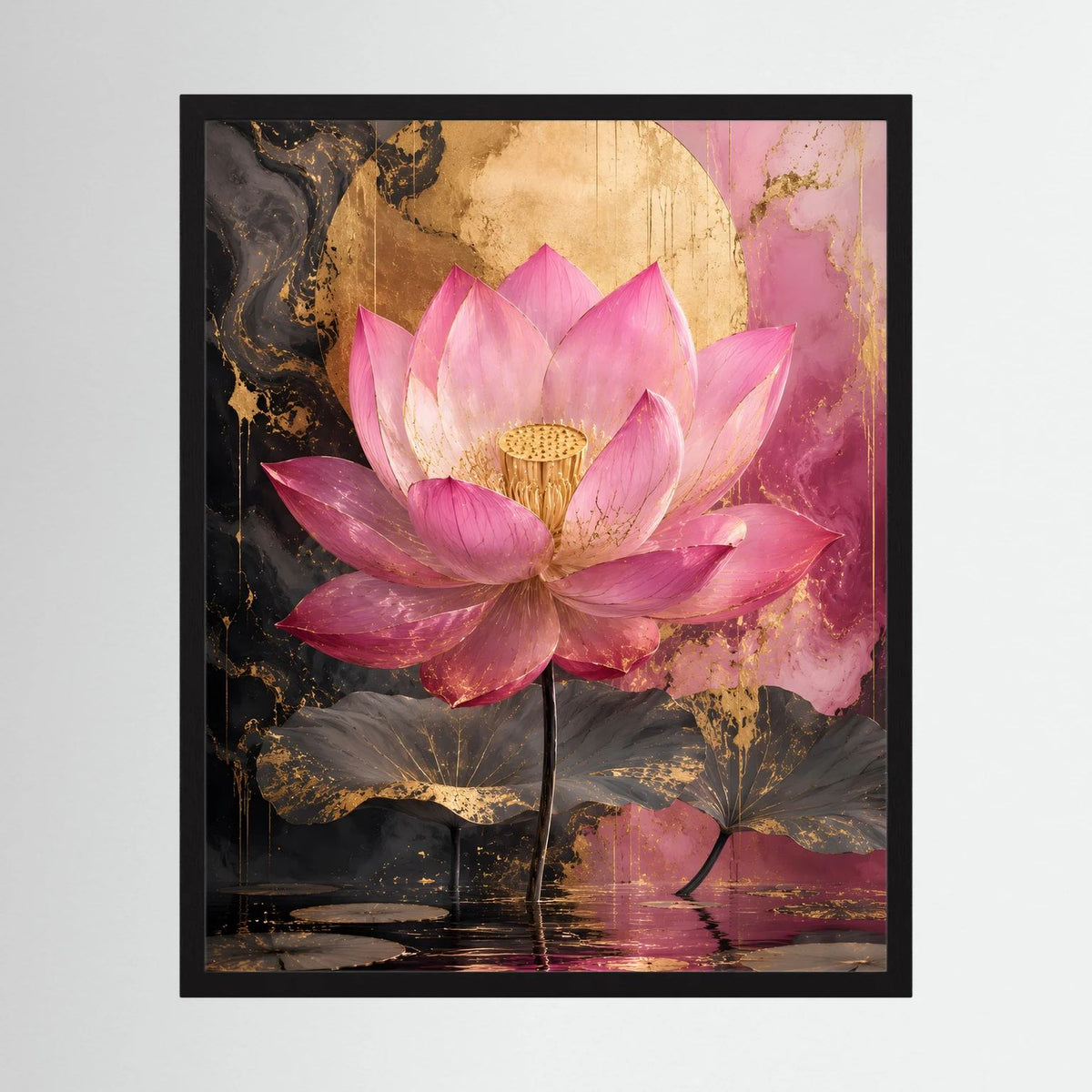 Lotusblumen-Wandbild mit schwarzem Rahmen, rosa Lotusblüte und goldene Sprenkel, Hochformat
