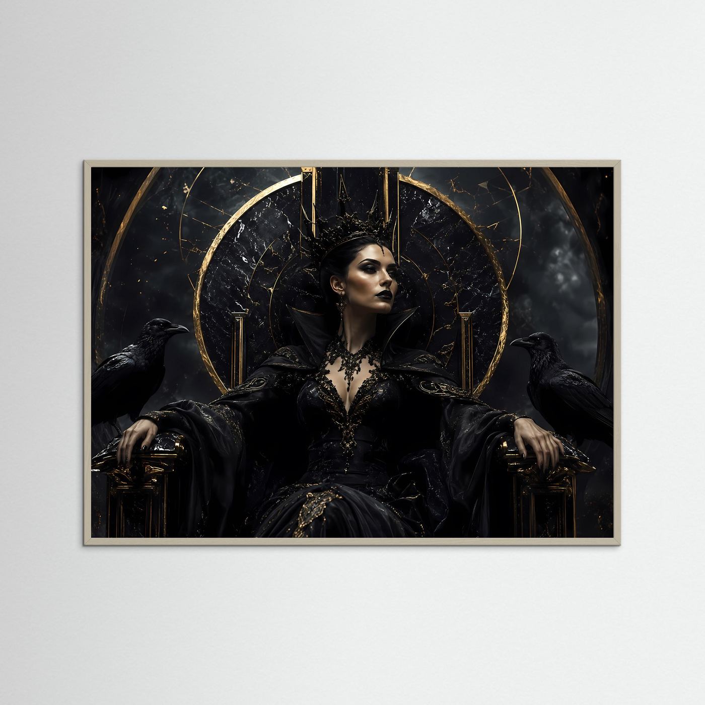 Dunkle Königin auf Marmorthron – Gothic Fantasy Motiv mit Krone & Raben