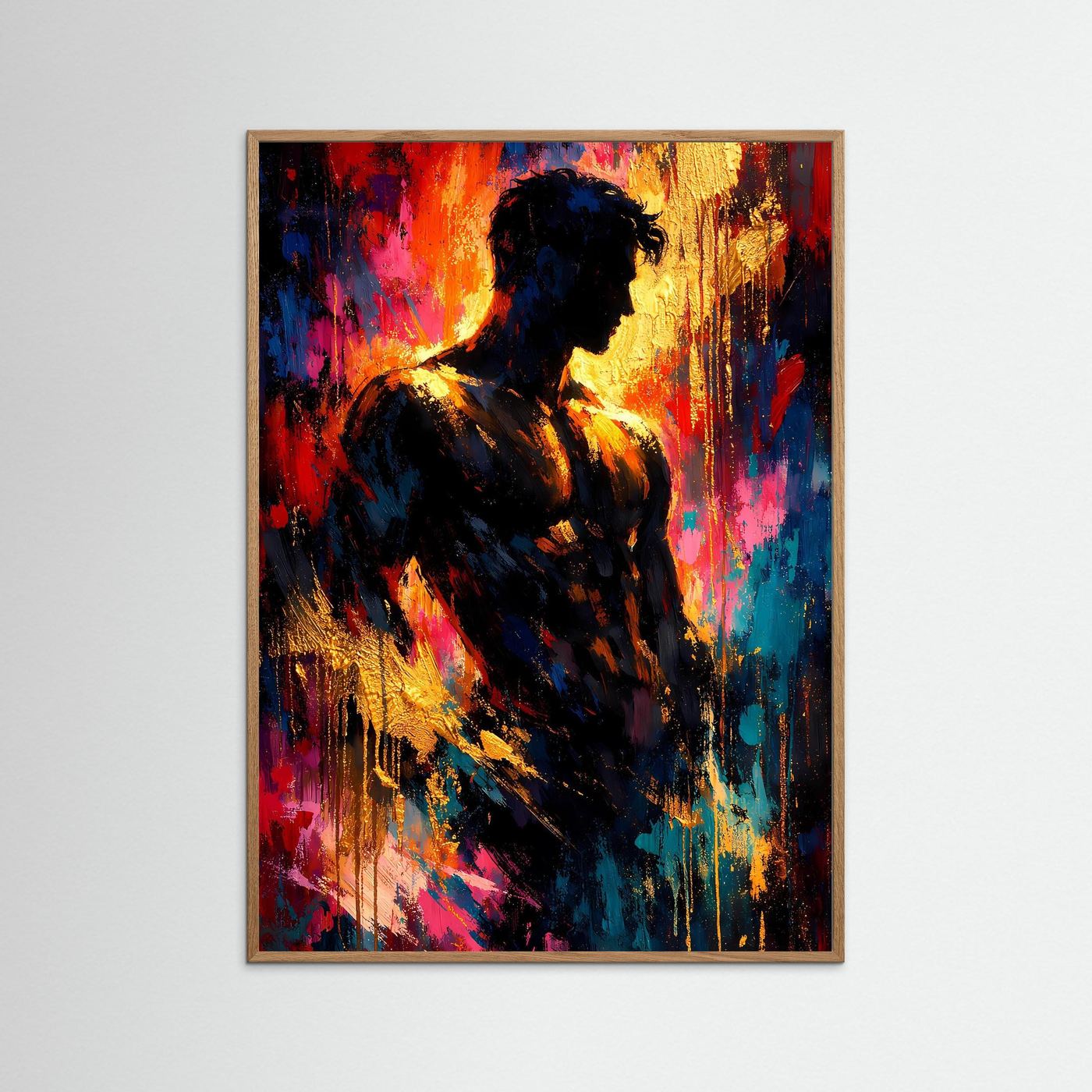 Abstraktes Männer-Silhouette-Poster mit hellem Eichenrahmen, schwarze Silhouette mit Gold- und Blauton