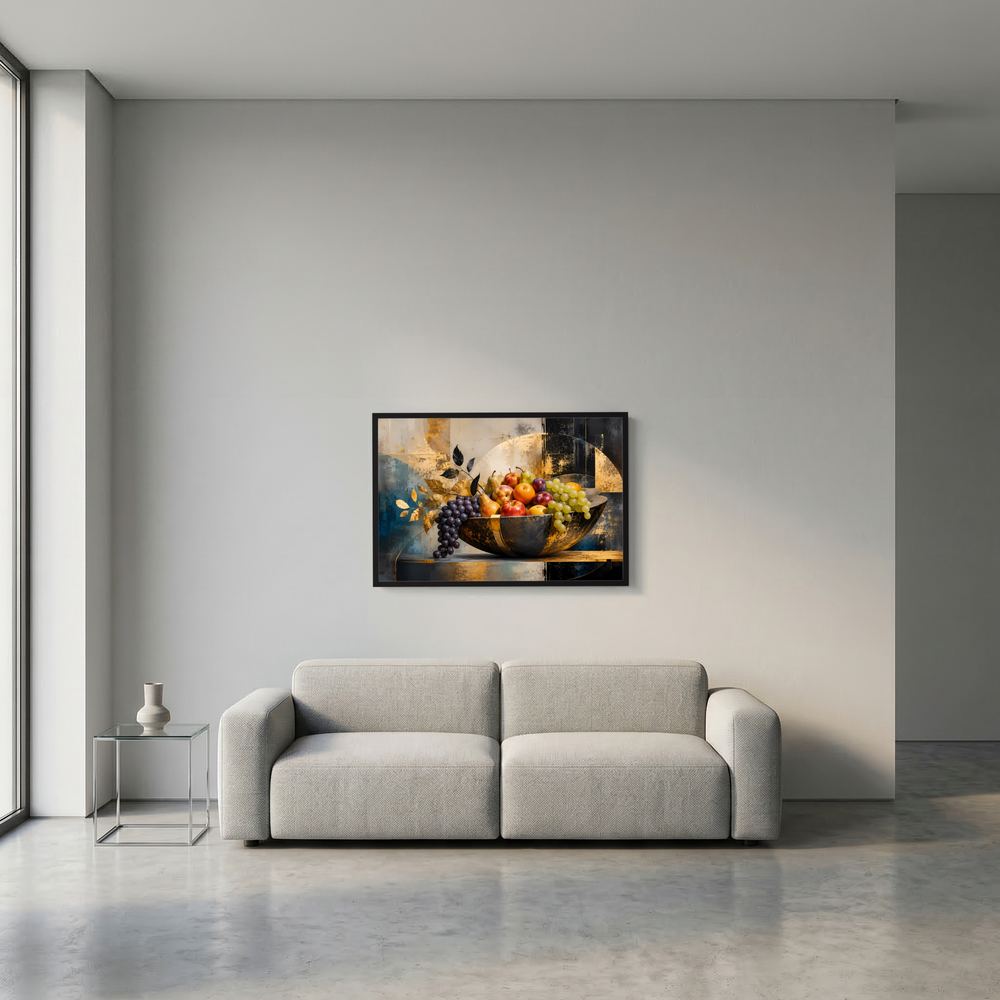 Kleines Obstschalen-Poster: goldene Schale mit Obst, schwarzer Rahmen