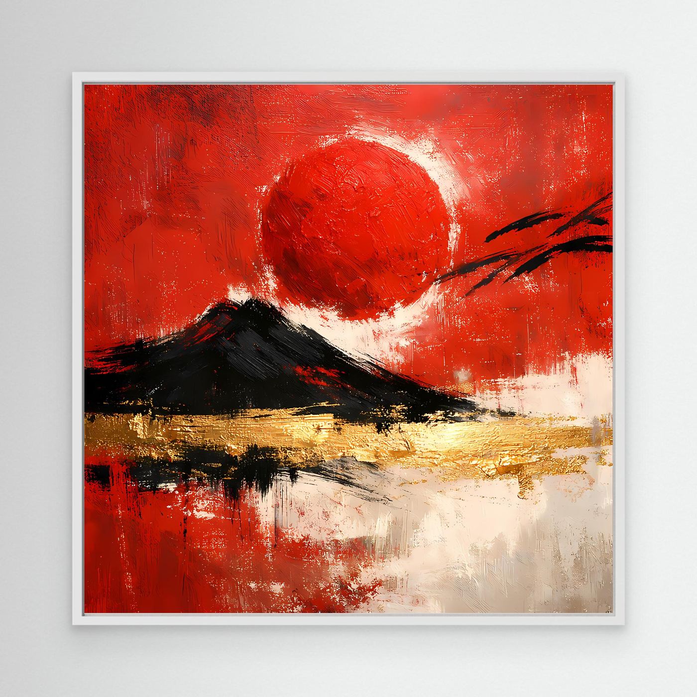 Leinwand Abstraktes Japan Wandbild in Rot und Gold | Modernes Fuji & Rote Sonne Gemälde
