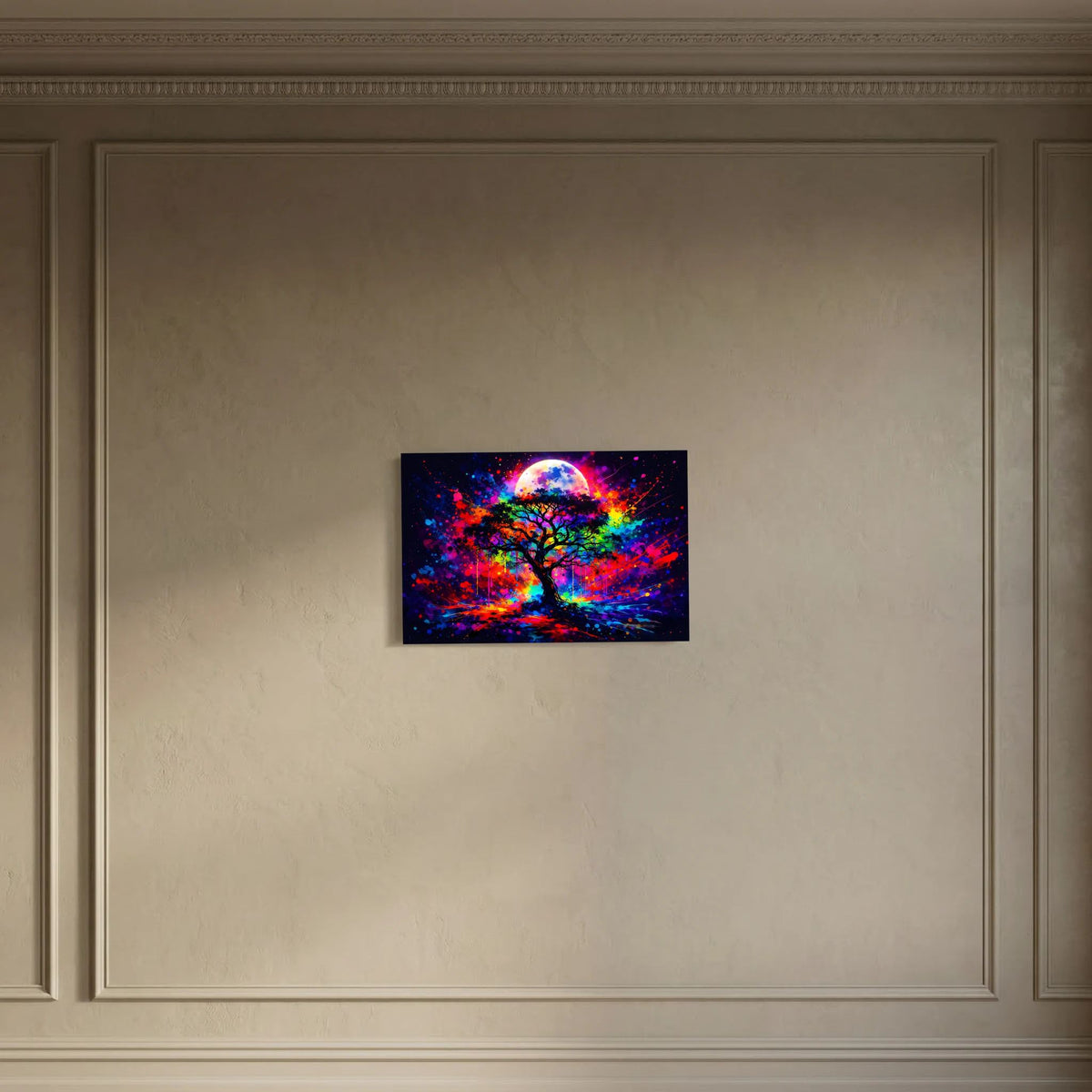 Wandbild mit Baum und Vollmond, bunte Farbspritzer im Neon-Stil, schwarz eingefasst