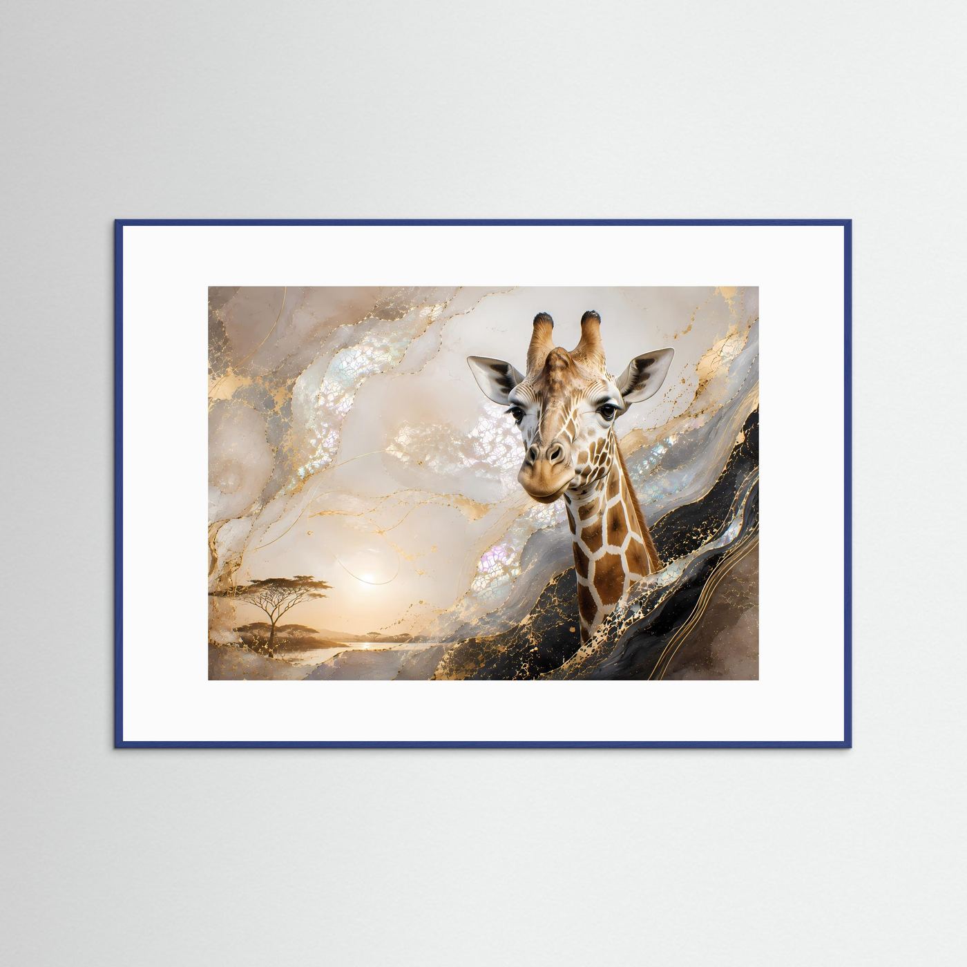 Gerahmte Giraffen-Wandkunst mit abstraktem Tiermotiv in Gold- und Perlmuttfarben, blauer Rahmen