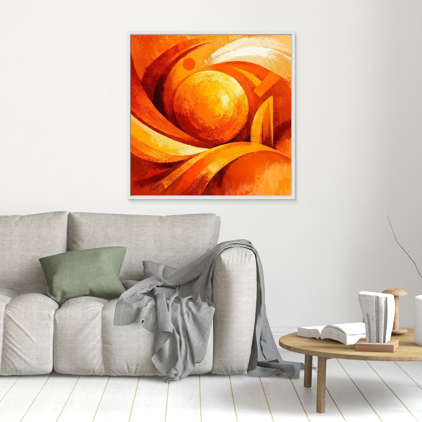 Kleines Leinwand-Wandbild mit abstrakter Wirbel-Sonne in Orange und Gelb, dünn gerahmt