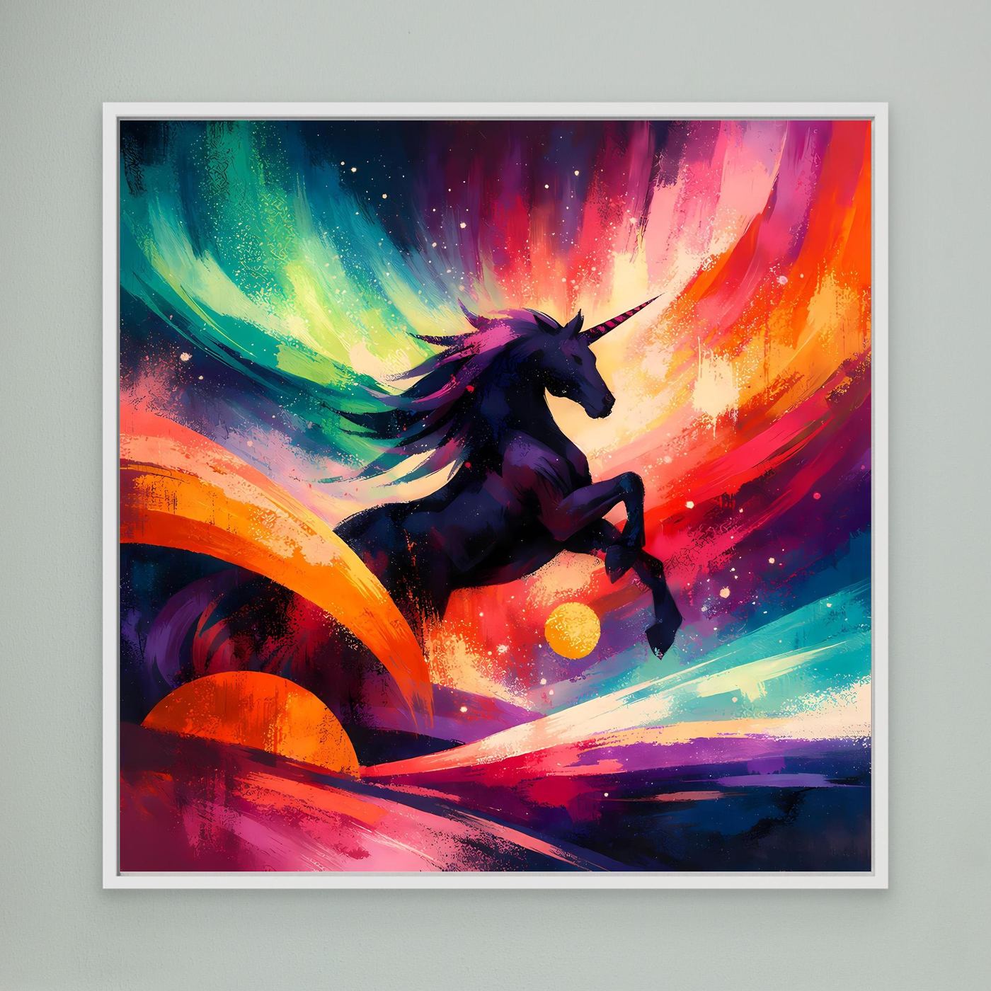 Leinwandbild im weißen Rahmen mit dunklem Einhorn, violettem Schweif und Regenbogenbögen