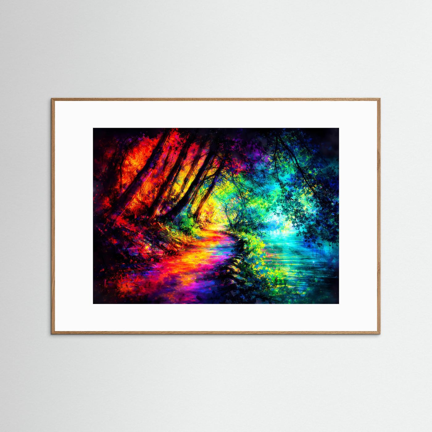 Querformatiges Poster mit abstraktem Neon-Waldpfad in Regenbogenfarben, im hellen Holzrahmen