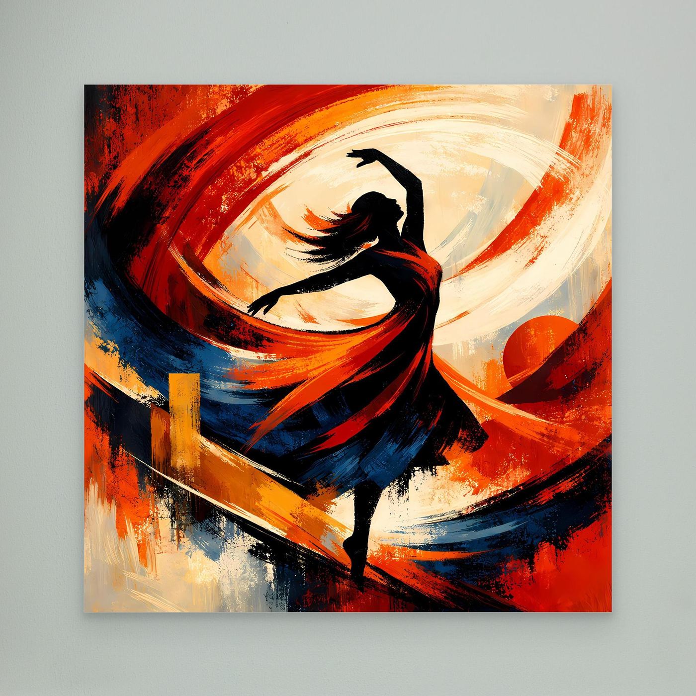 Leinwandbild mit abstrakter Tänzerin, starke Farbwirbel in Rot und Blau, schwarze Silhouette