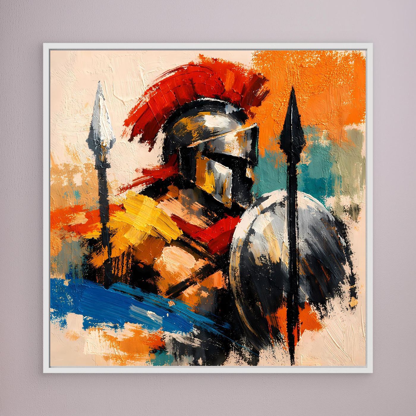 Abstract gladiator wall art: helmet, shield, spears, bright colors; white frame