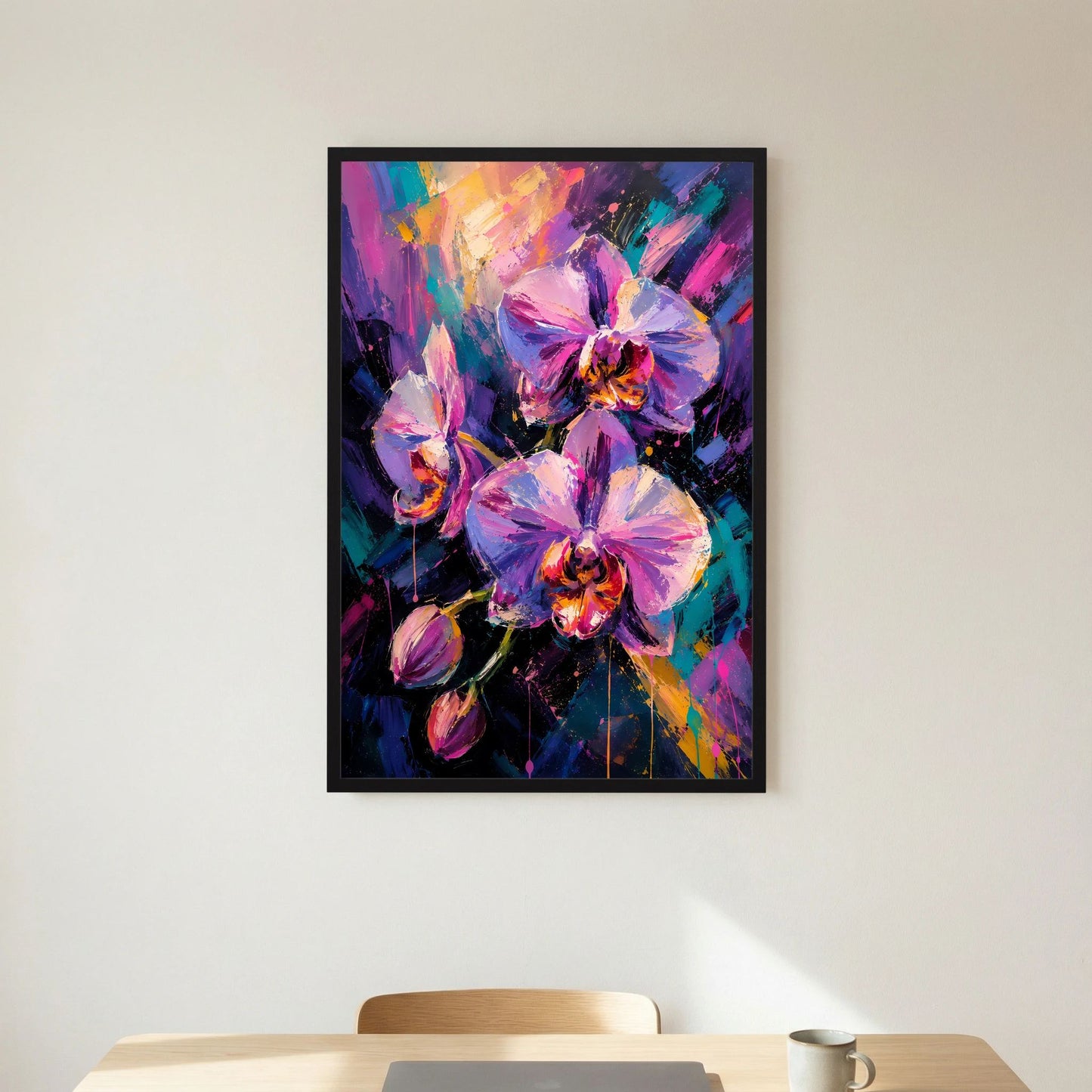 Hochformatiges Poster mit abstrakten Orchideen in Pink und Violett, schwarzer Rahmen