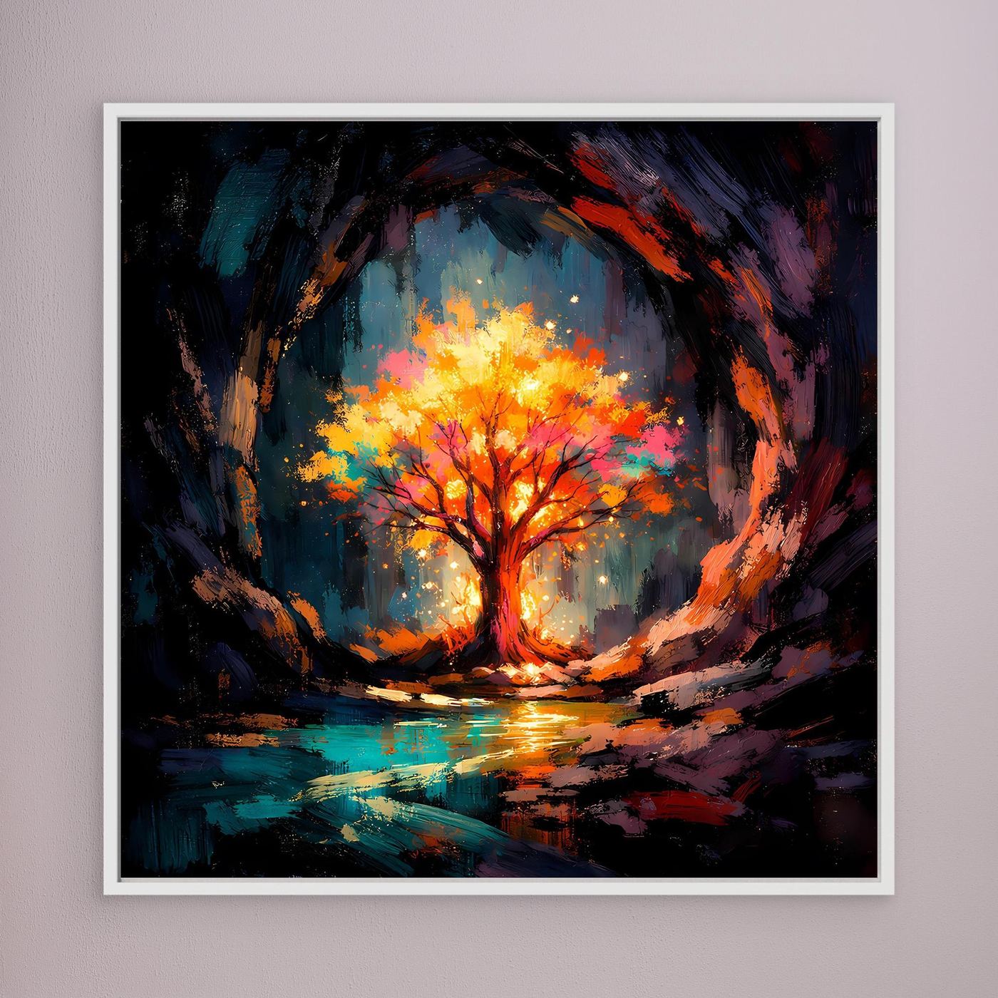 Abstract tree wall art with glowing orange canopy and blue tones, white-framed square canvas