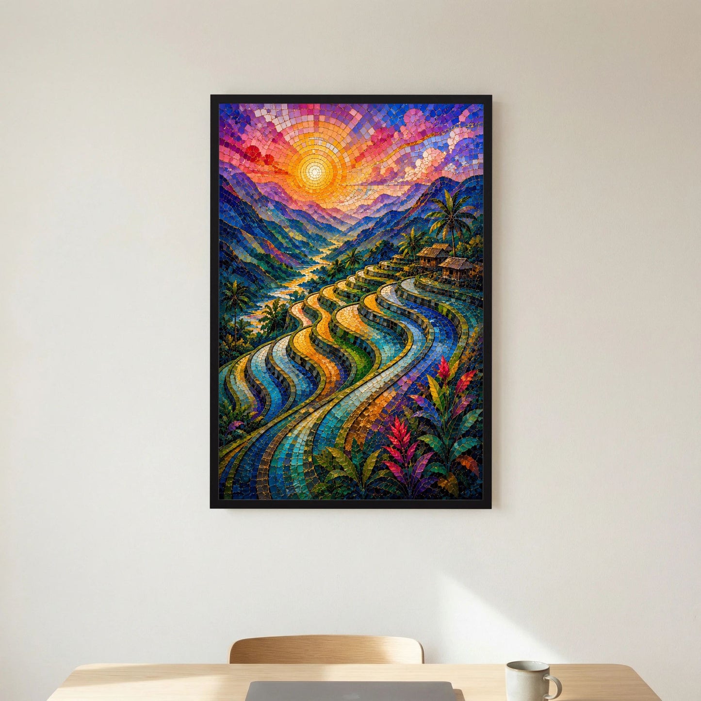 Reisterrassen im Sonnenuntergang | Farbenfrohe Mosaik Landschaft | Poster Hochformat