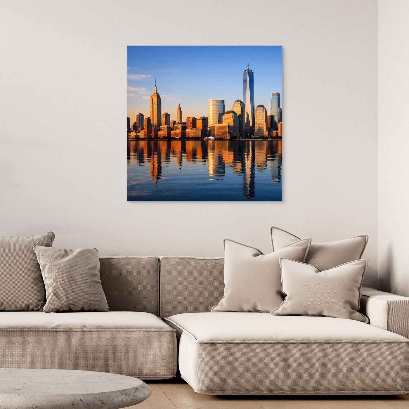 Leinwand-Wandbild mit New-York-Skyline bei Sonnenuntergang und Spiegelung im Wasser