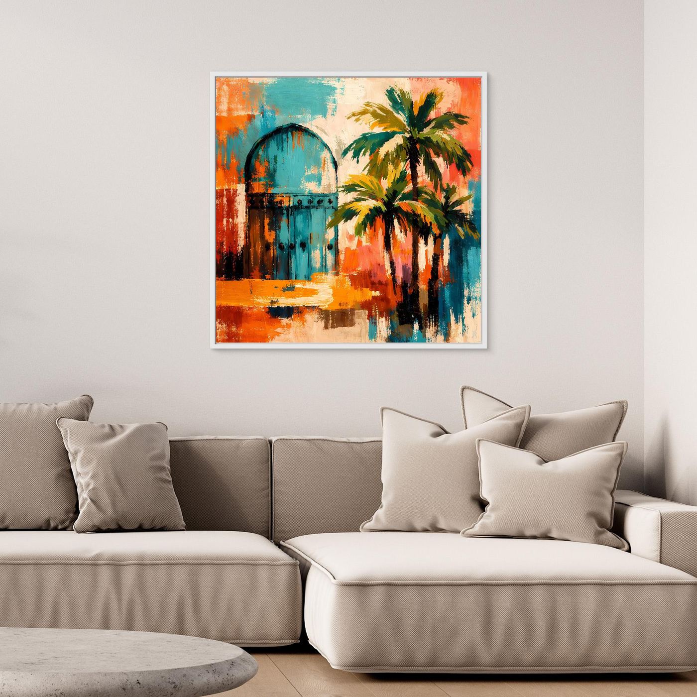 Abstraktes Wandbild mit Palmen und Bogenmotiv in kräftigem Orange und Türkis