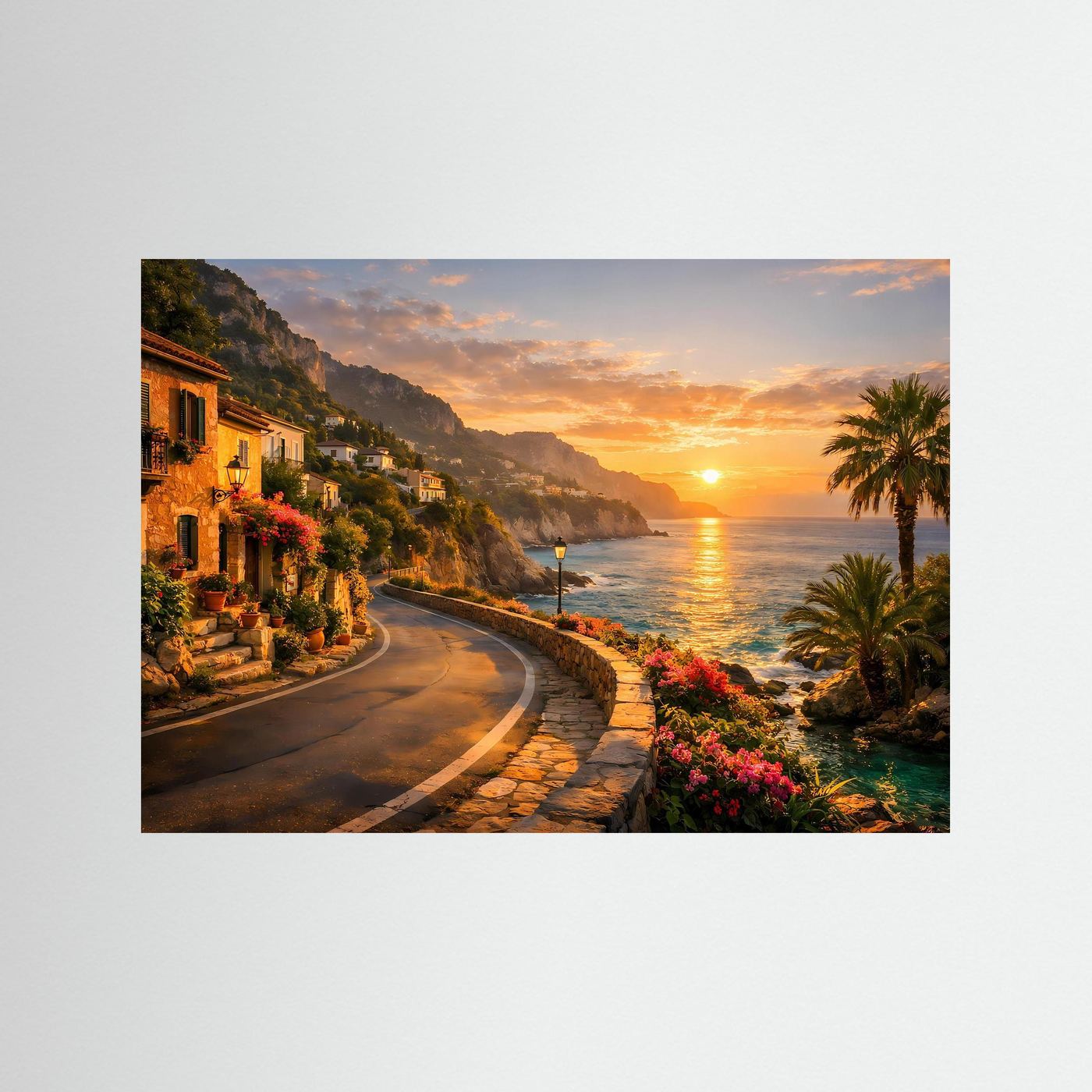 Wandbild Küstenstraße am Meer bei Sonnenuntergang