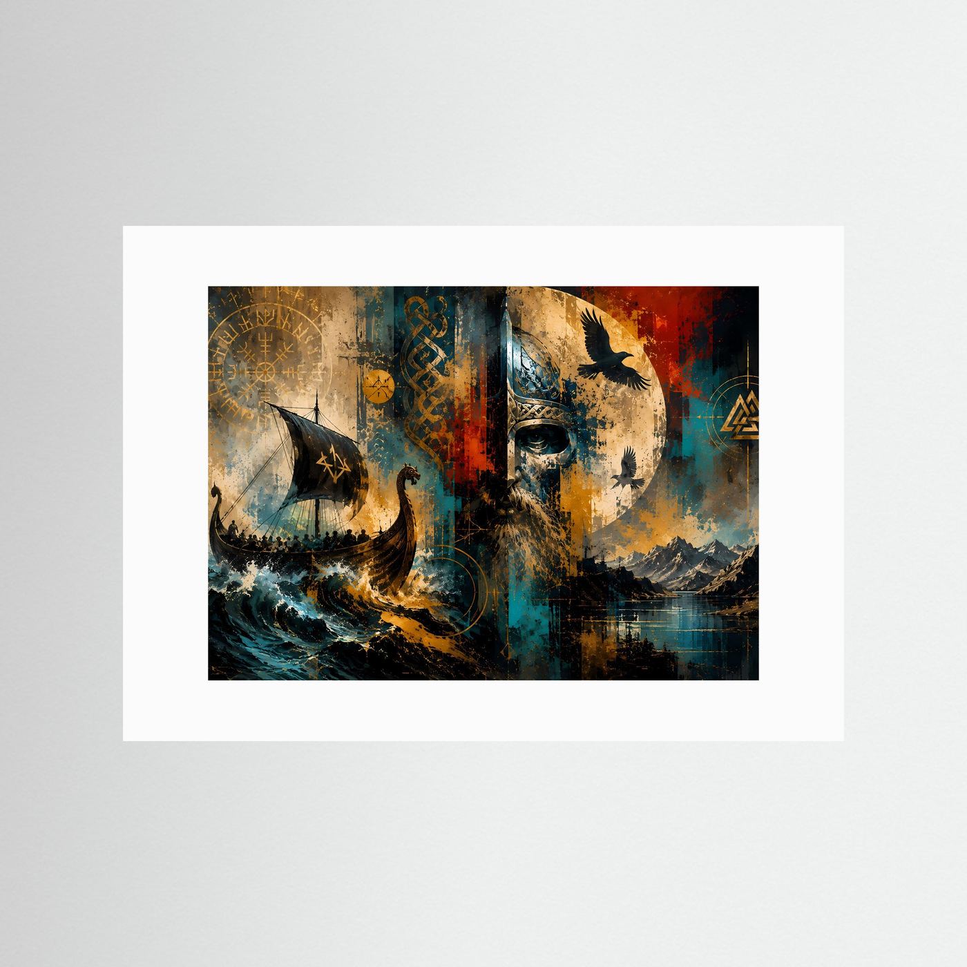 Wikinger Wandbild | Nordische Mythologie Kunst | Viking Langschiff & Krieger | Abstraktes Odin Poster | Skandinavische Premium Wanddekoration