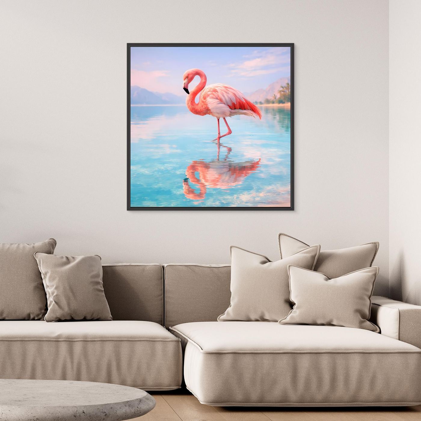 Leinwand-Wandbild mit rosa Flamingo am See, schwarz gerahmt, Spiegelung im Wasser