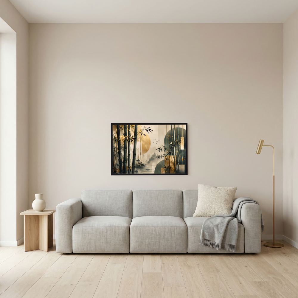 Wandbild-Poster im Querformat mit abstrakter Bambuslandschaft, goldene Formen, schwarzer Rahmen