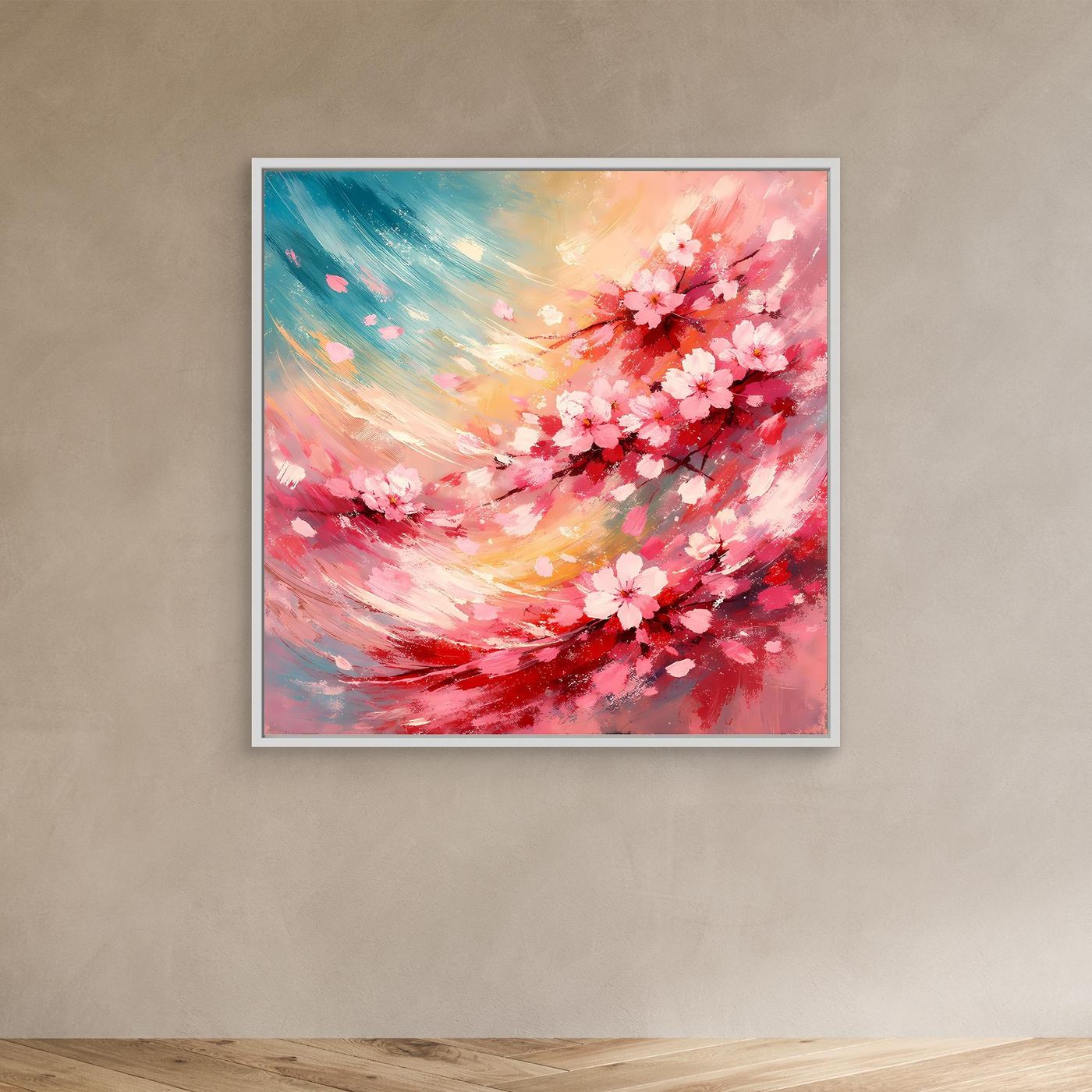 Leinwandbild mit abstrakten Kirschblüten in Rosa und Türkis, weißer Rahmen