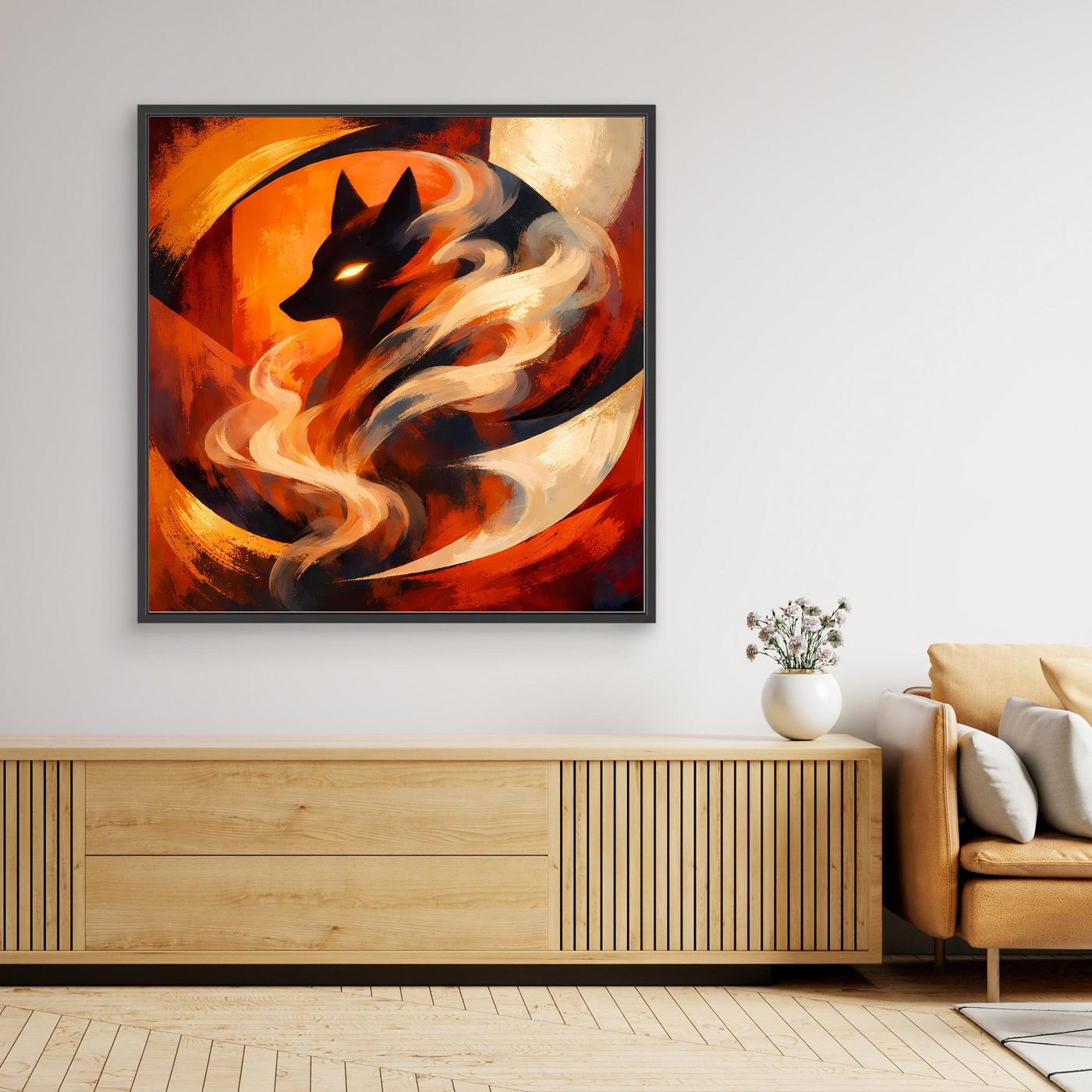 Abstraktes Wandbild mit schwarzer Wolfssilhouette in Feuer- und Rauchwirbeln, schwarz gerahmt