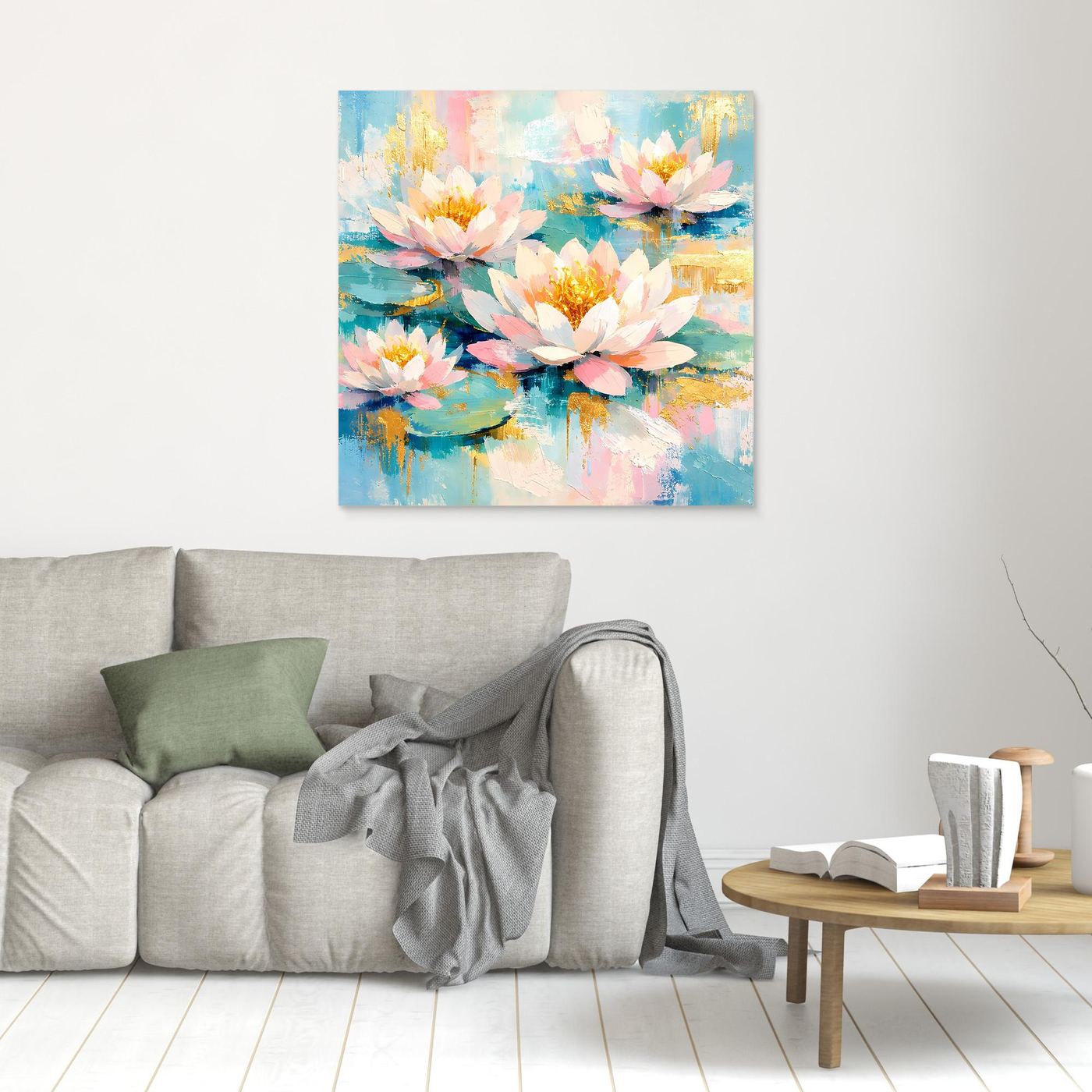 Quadratisches Leinwandbild ohne Rahmen: Seerosen in Rosa und Blau