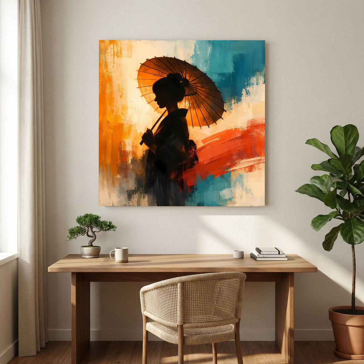 Keilrahmen-Leinwand: elegante Frau mit schwarzem Sonnenschirm im abstrakten Orange-Blau