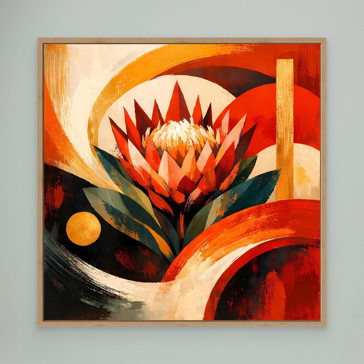 Leinwandbild mit abstrakter Protea im beigen Rahmen, Rot, Orange, Gold