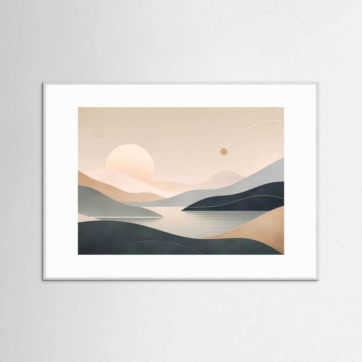 Querformat-Poster mit abstrakter Landschaft und Sonne in Beige und Blau, grauer Rahmen