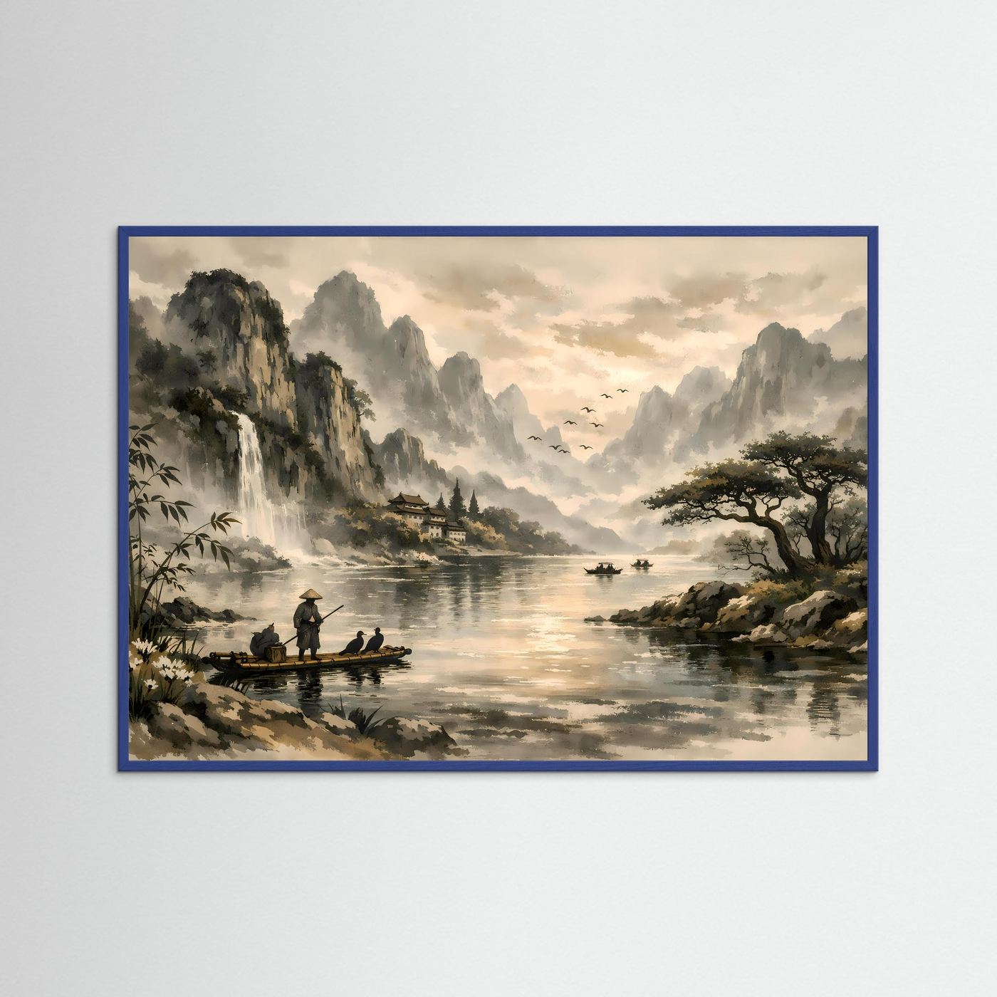 Traditionelle Asiatische Flusslandschaft | Sepia & Natur Kunst Poster Querformat