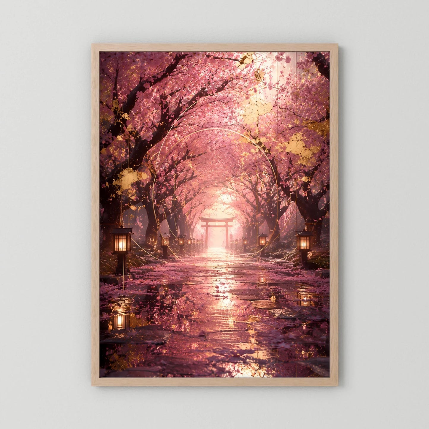 Hochformatiges Poster mit Sakura-Allee, Torii-Tunnel und Laternen, Holzrahmen in Hellbraun