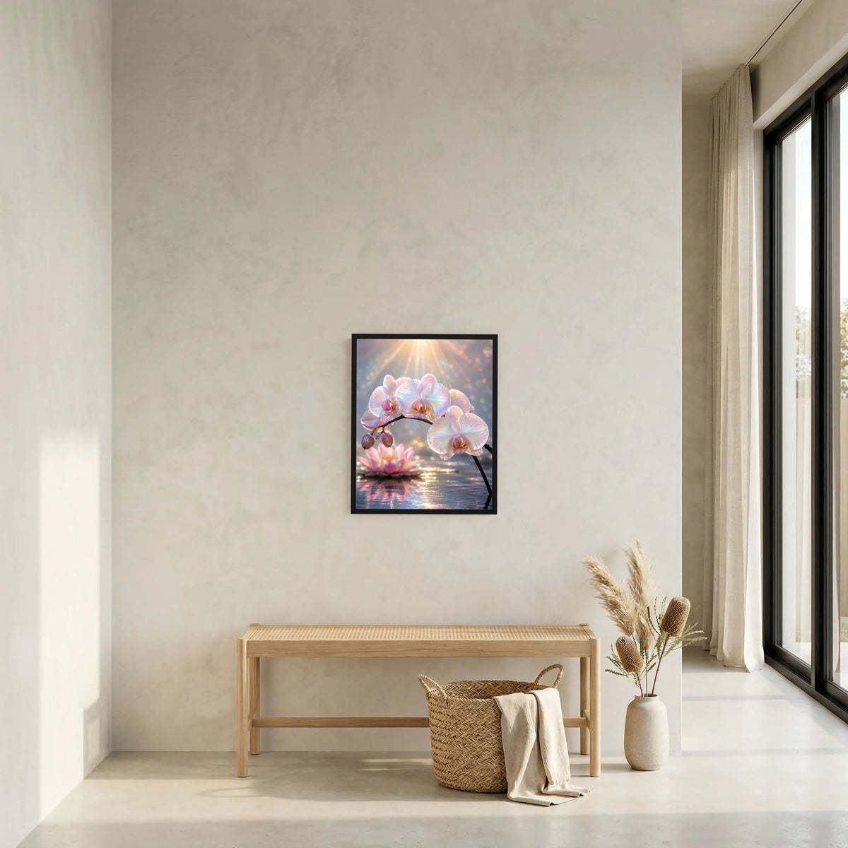 Wandposter mit Perlmutt-Orchideen und Lotusblüte, im schwarzen Rahmen