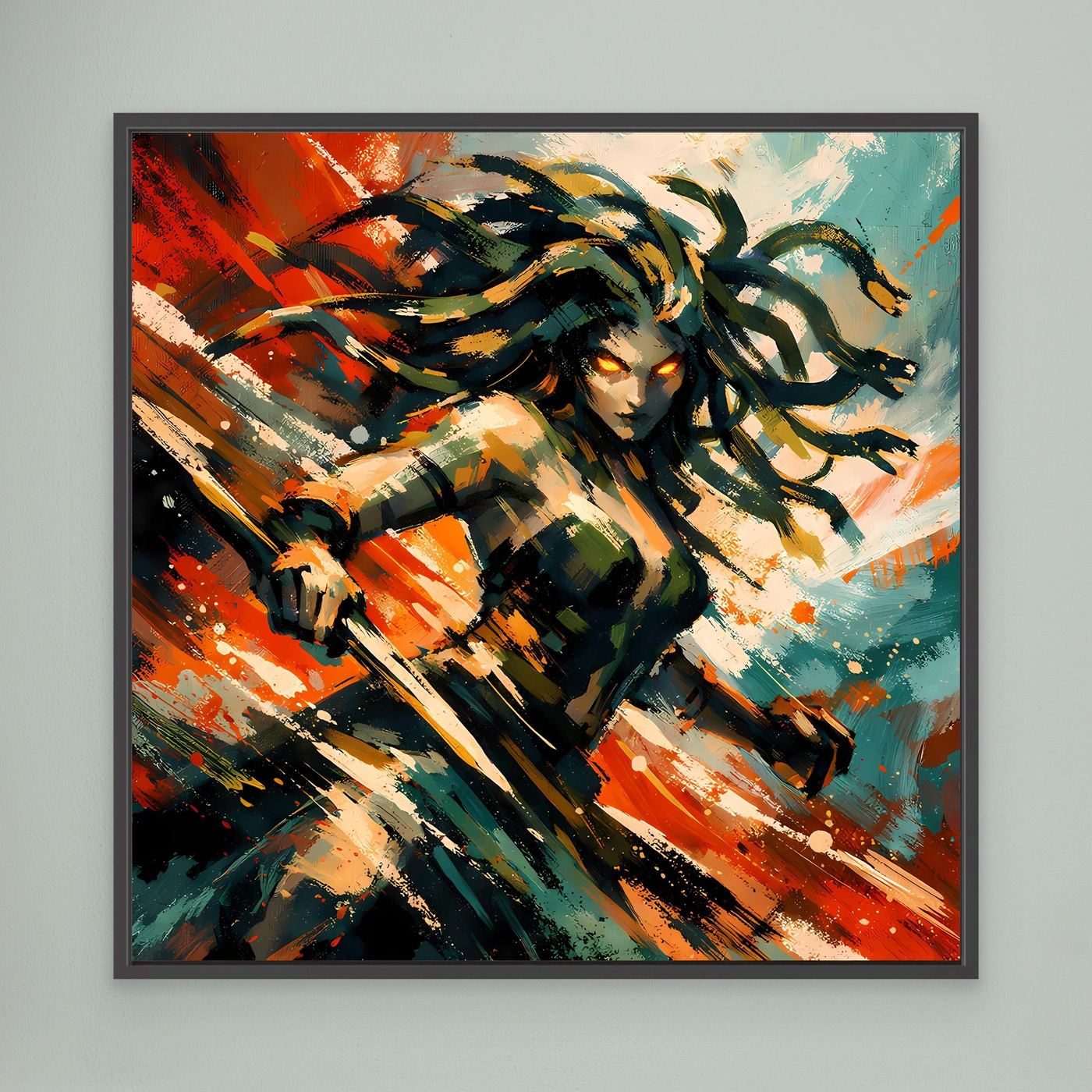 Leinwand Mythische Medusa im Action-Stil | Dynamisches Wandbild auf echter Leinwand