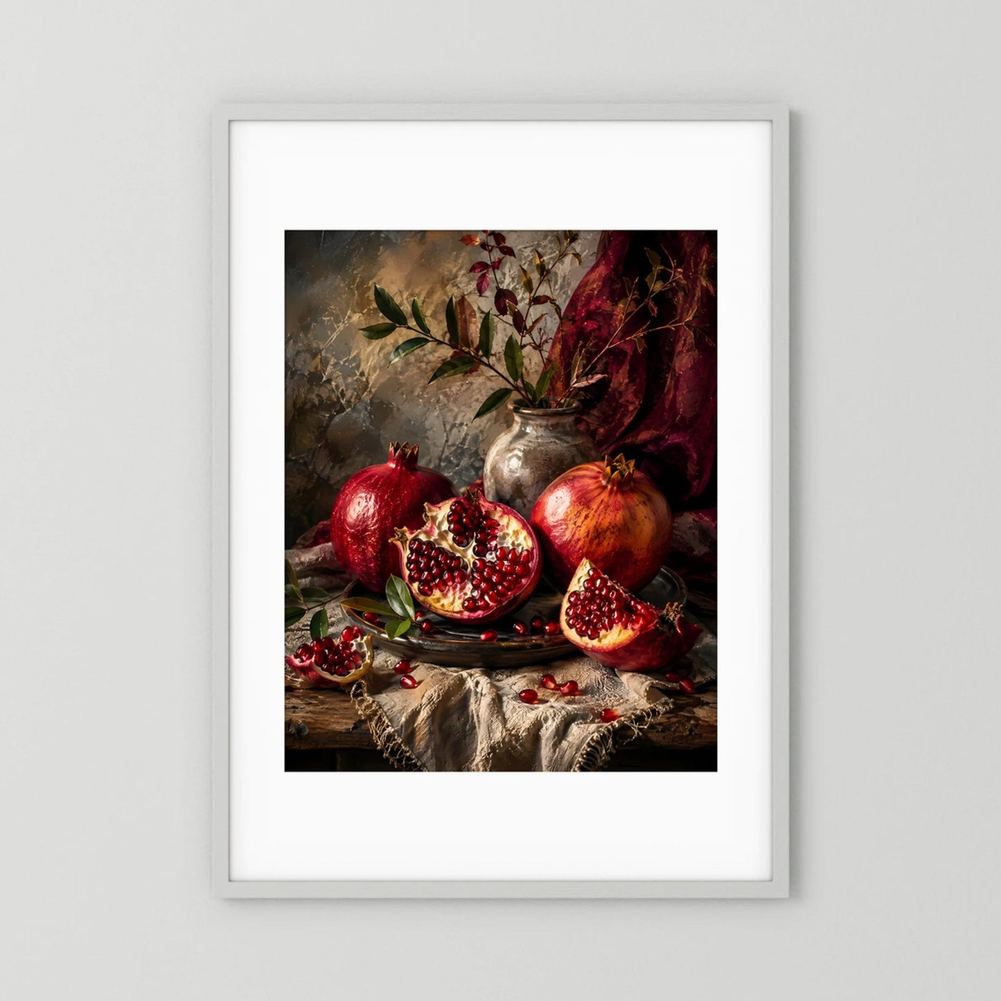 Granatäpfel Stillleben | Edle Früchte in Rubinrot und Gold | Poster Hochformat