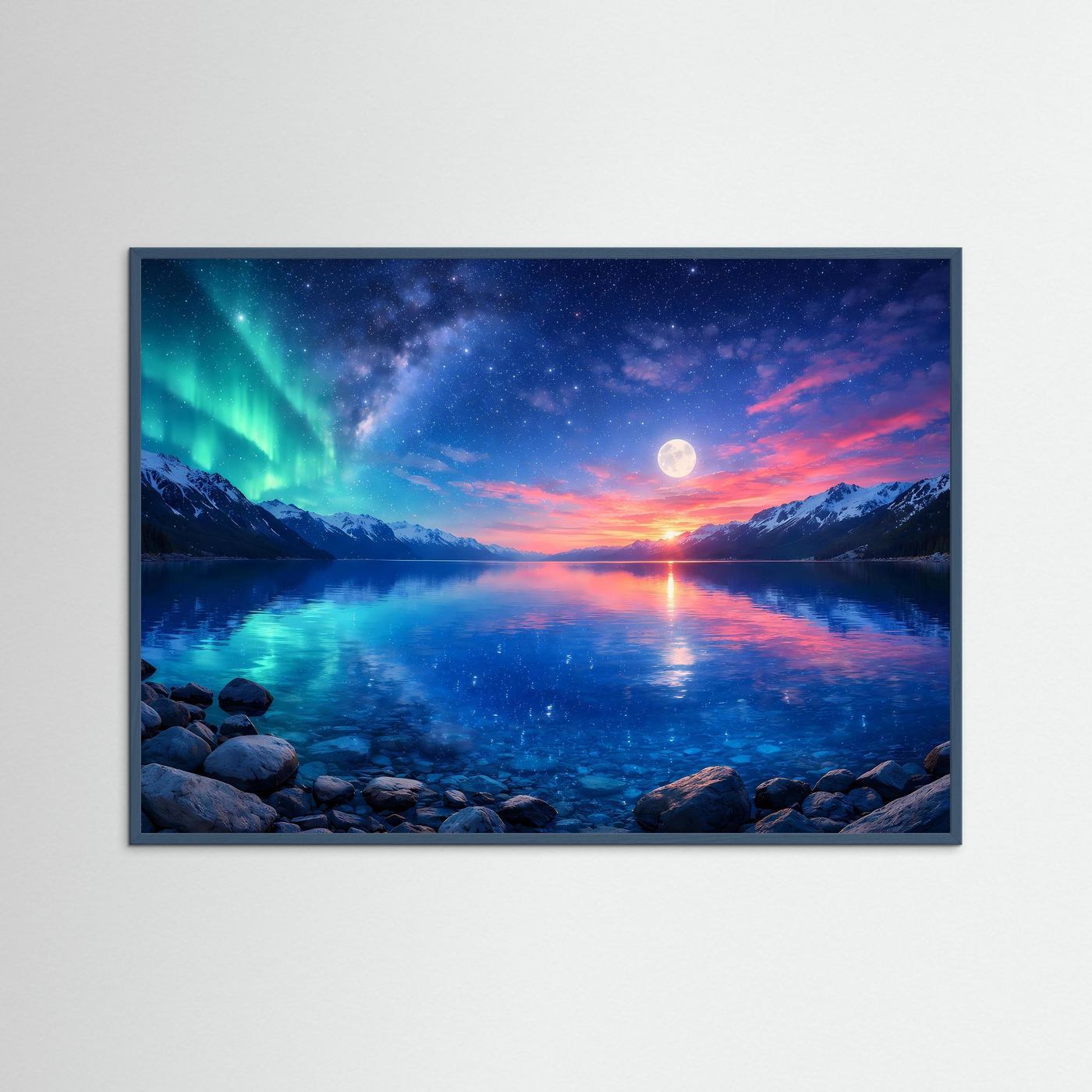 Wandbild mit dunkelblauem Rahmen: Polarlicht, Mond und See bei Nacht mit Bergen und Felsen.