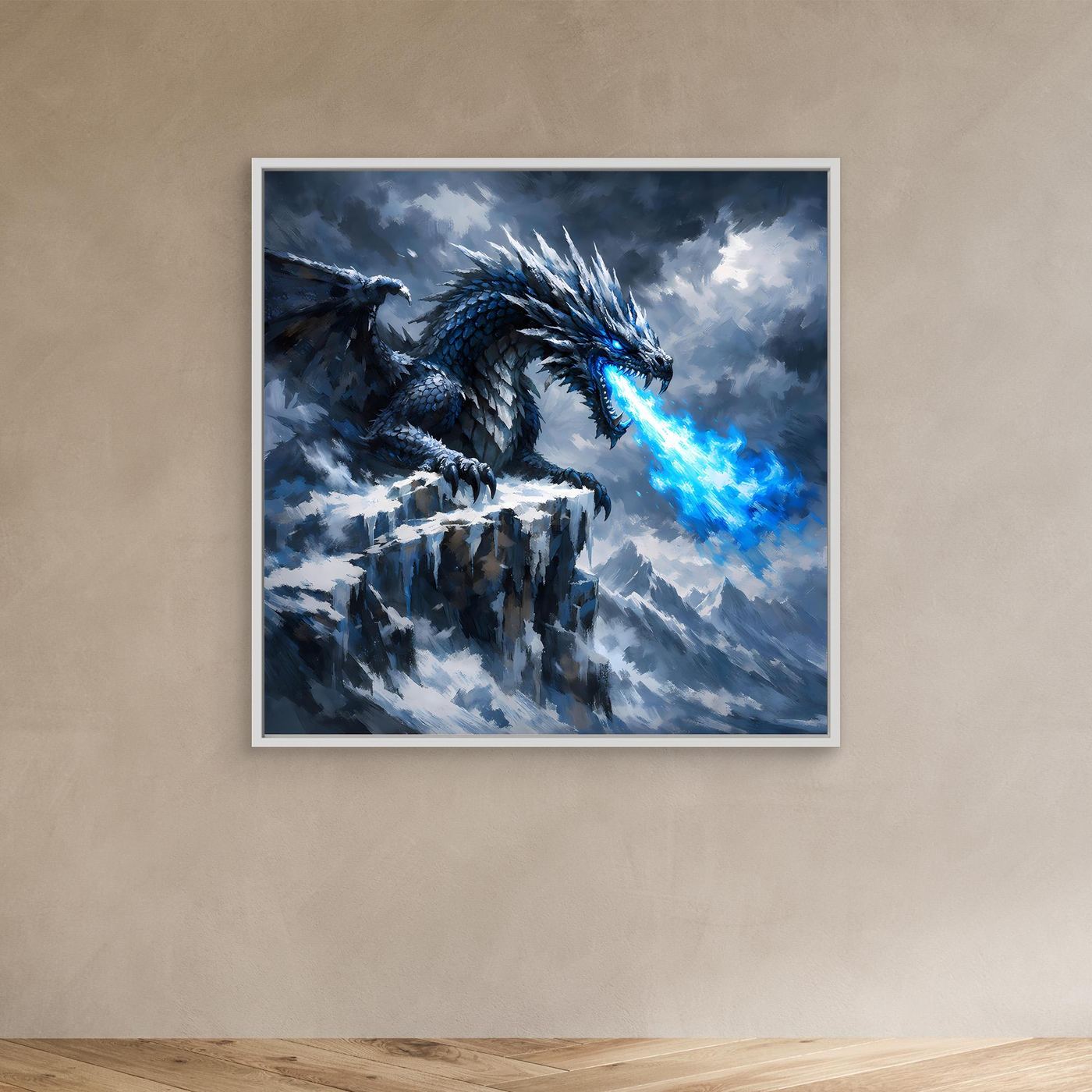 Leinwand Eisdrache auf stürmischem Berggipfel | Episches Fantasy-Wandbild auf echter Leinwand
