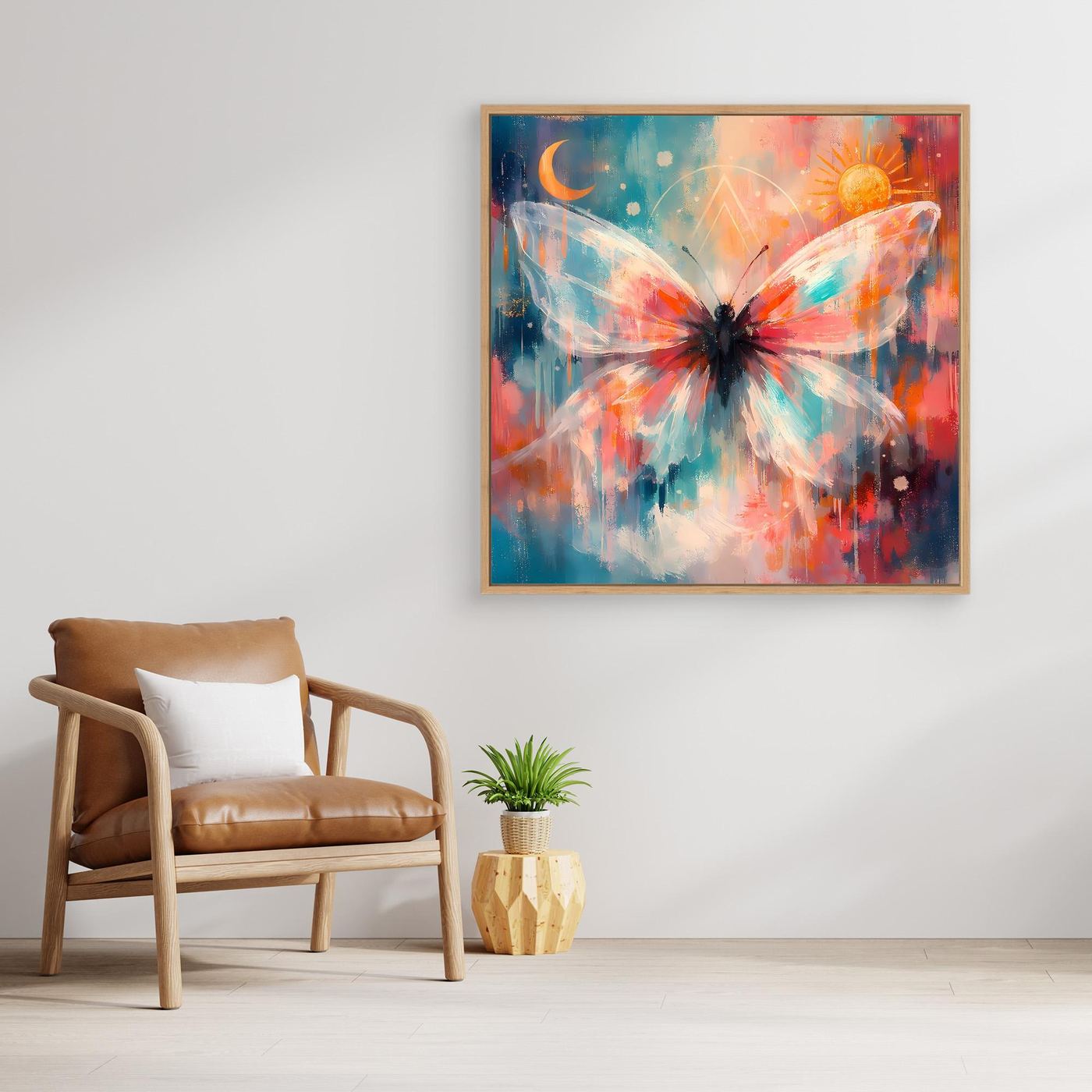 Leinwand-Wandbild mit kosmischem Schmetterling, Sonne und Mond, mit goldenem Rahmen