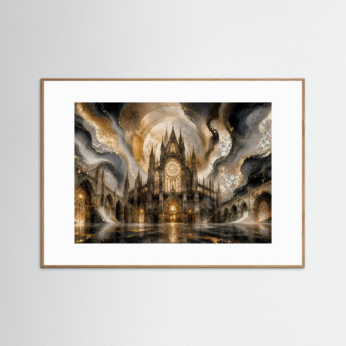 Gerahmter Kunstdruck mit gotischer Kathedrale in Gold- und Perlmuttfarben, hellbrauner Rahmen