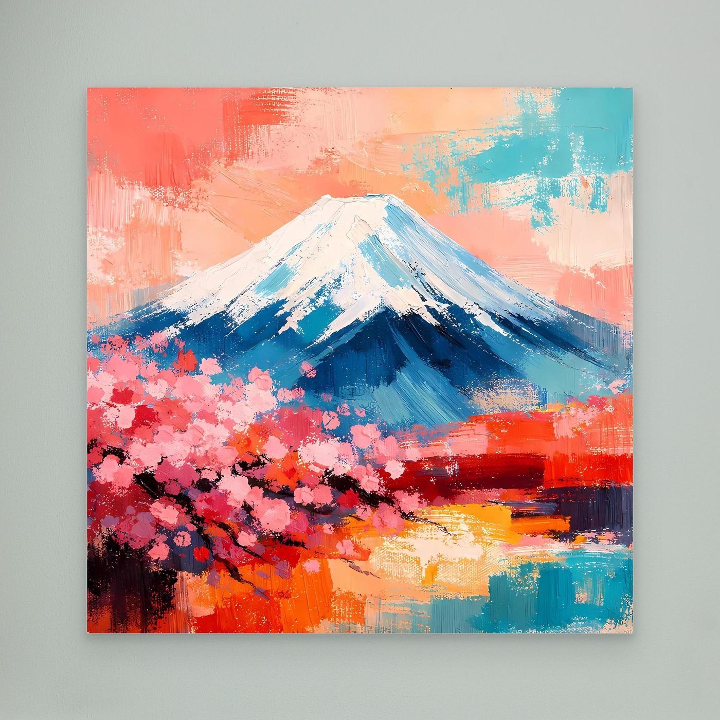 Leinwandbild mit abstraktem Fuji und Kirschblüten, blau-weißer Berg, kräftige Farbflächen